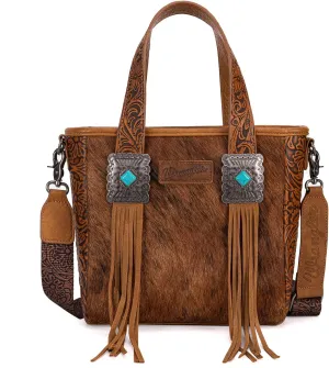 Montana West X Wrangler Cowhide Tote Bag for Women Western Tooling Handbag Leather Fringing With Turquoise Stone Concho