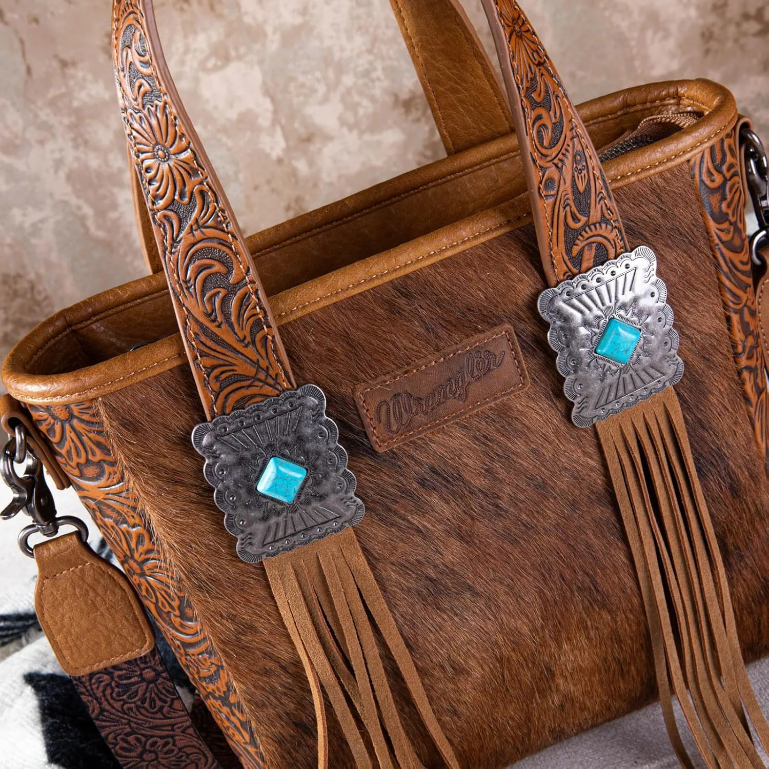 Montana West X Wrangler Cowhide Tote Bag for Women Western Tooling Handbag Leather Fringing With Turquoise Stone Concho