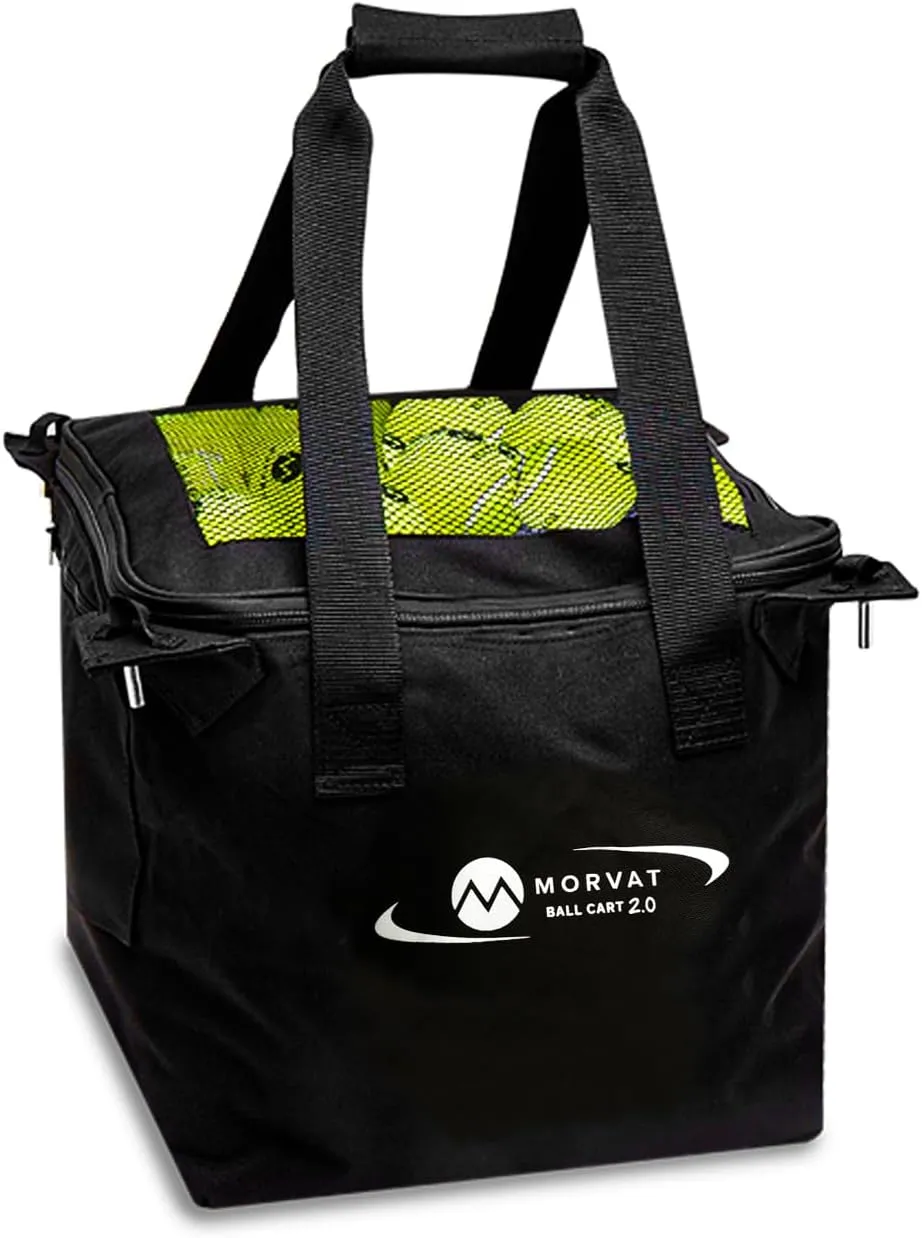 MORVAT Professional Tennis & Pickle Ball Hopper Holds 165 Balls Heavy-Duty Pro Sports Practice Cart, Foldable Portable Compact & Lightweight Zippered Pocket & Racket Holder, Carry Bag   3 Tennis Balls