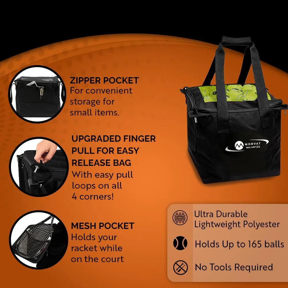 MORVAT Professional Tennis & Pickle Ball Hopper Holds 165 Balls Heavy-Duty Pro Sports Practice Cart, Foldable Portable Compact & Lightweight Zippered Pocket & Racket Holder, Carry Bag   3 Tennis Balls