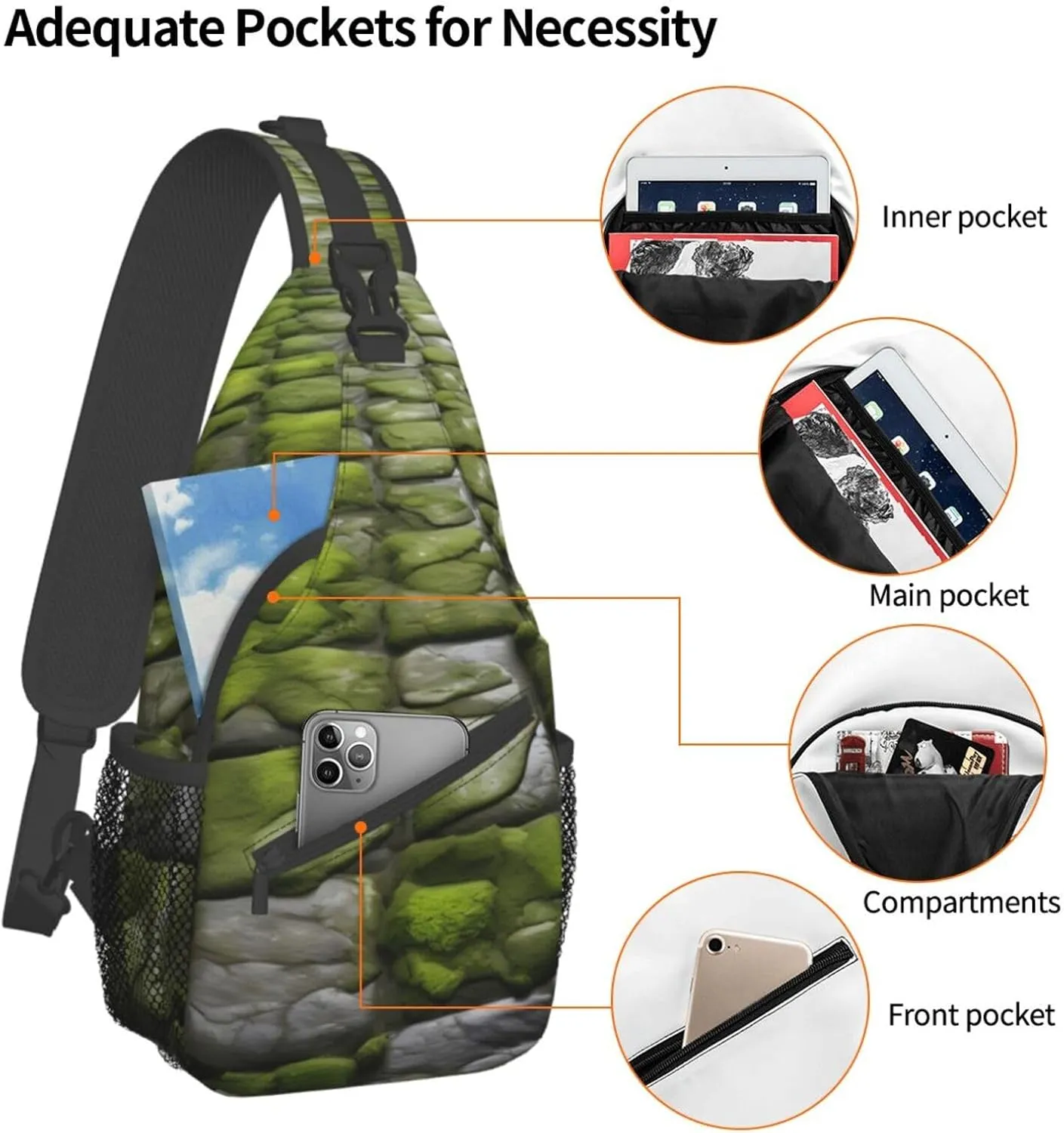 Moss Stone Pavement High Storage Capacity Chest Bag Diagonally Sling Backpack Crossbody Shoulder Bag For Men Women