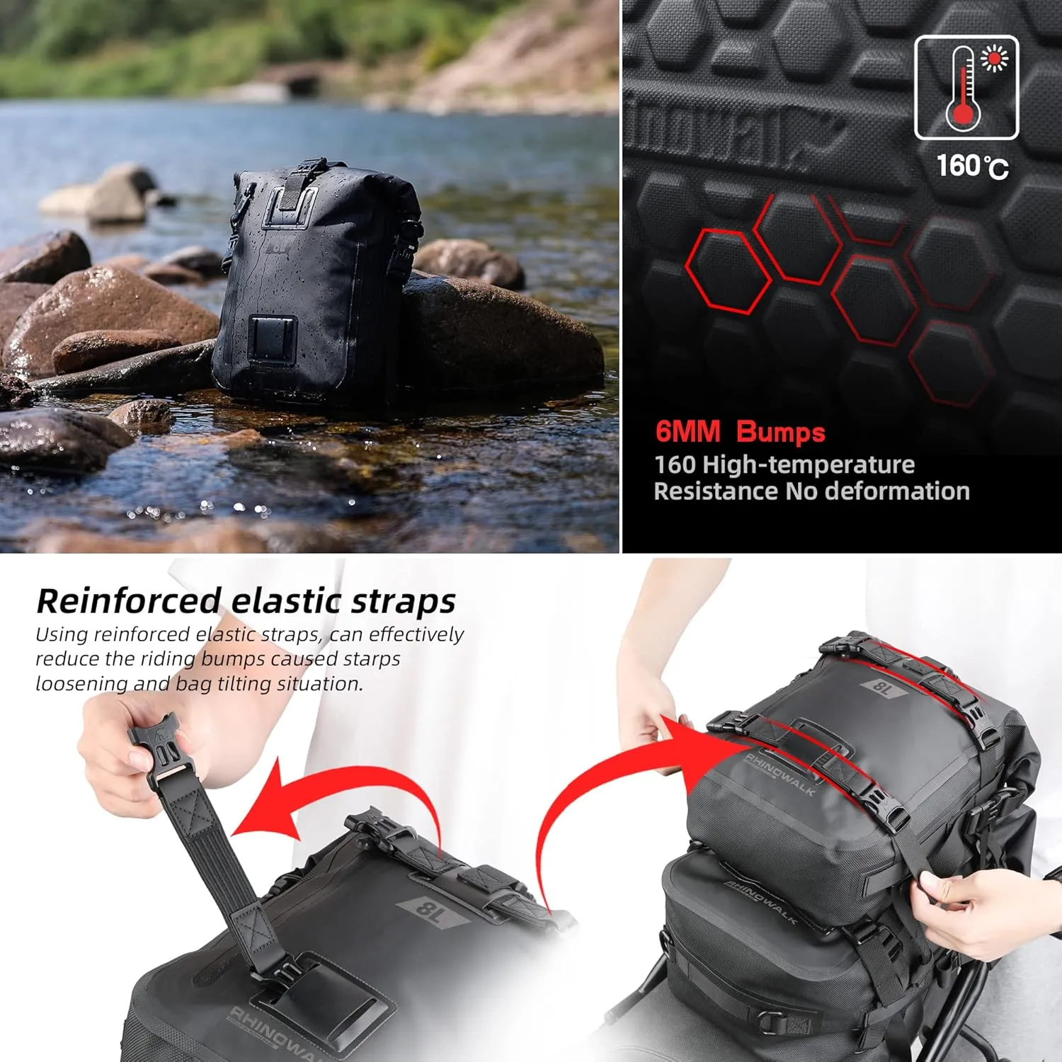 Motorcycle Tail Bag,Rhinowalk Waterproof Tail Bag,Motorcycle Rear Seat Bag,Motorbike backpack,Rhinowalk Side Bag,Black 8L
