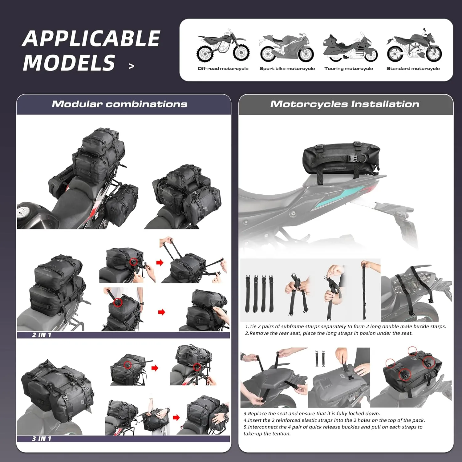 Motorcycle Tail Bag,Rhinowalk Waterproof Tail Bag,Motorcycle Rear Seat Bag,Motorbike backpack,Rhinowalk Side Bag,Black 8L