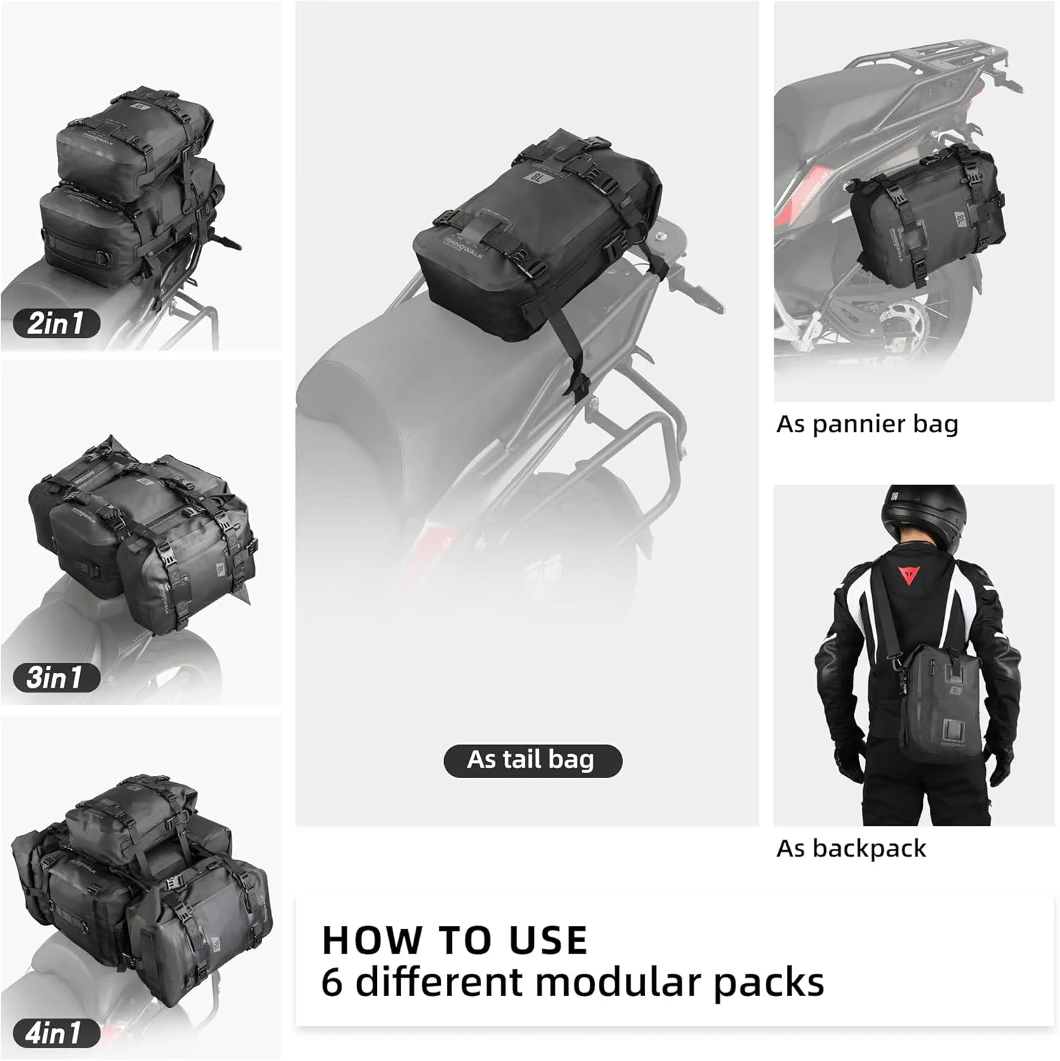 Motorcycle Tail Bag,Rhinowalk Waterproof Tail Bag,Motorcycle Rear Seat Bag,Motorbike backpack,Rhinowalk Side Bag,Black 8L