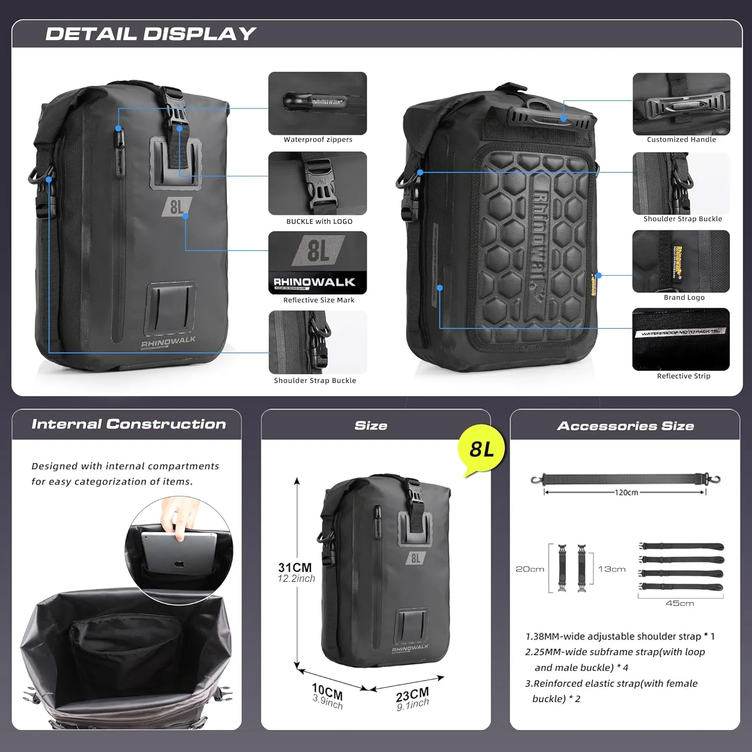Motorcycle Tail Bag,Rhinowalk Waterproof Tail Bag,Motorcycle Rear Seat Bag,Motorbike backpack,Rhinowalk Side Bag,Black 8L