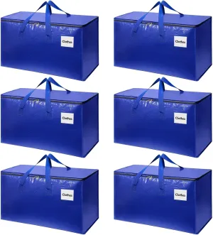 Moving Bags Heavy Duty - Large Storage and Packing Totes with Zippers for Clothes, Bedding, and Organization - Travel Supplies, Blue, 6-Pack