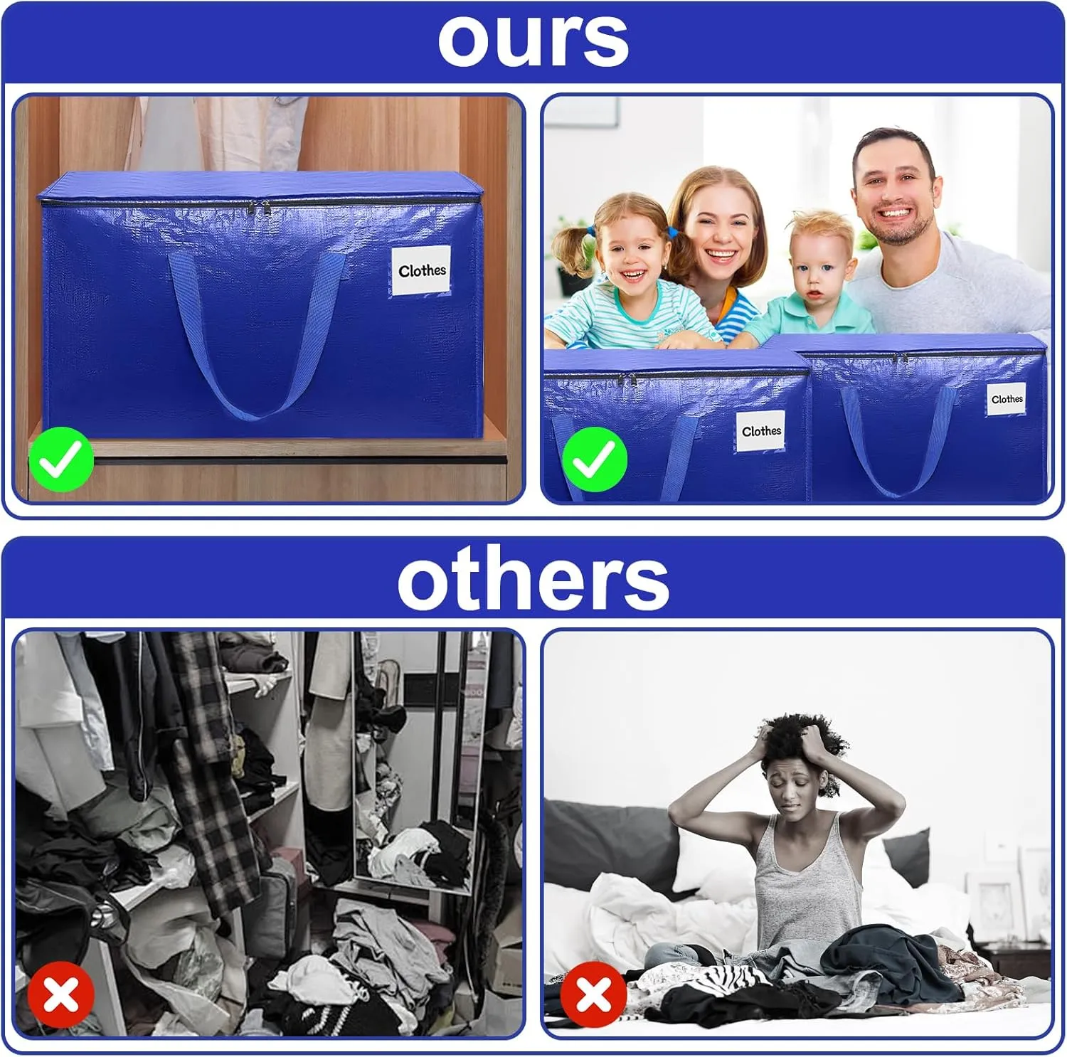 Moving Bags Heavy Duty - Large Storage and Packing Totes with Zippers for Clothes, Bedding, and Organization - Travel Supplies, Blue, 6-Pack