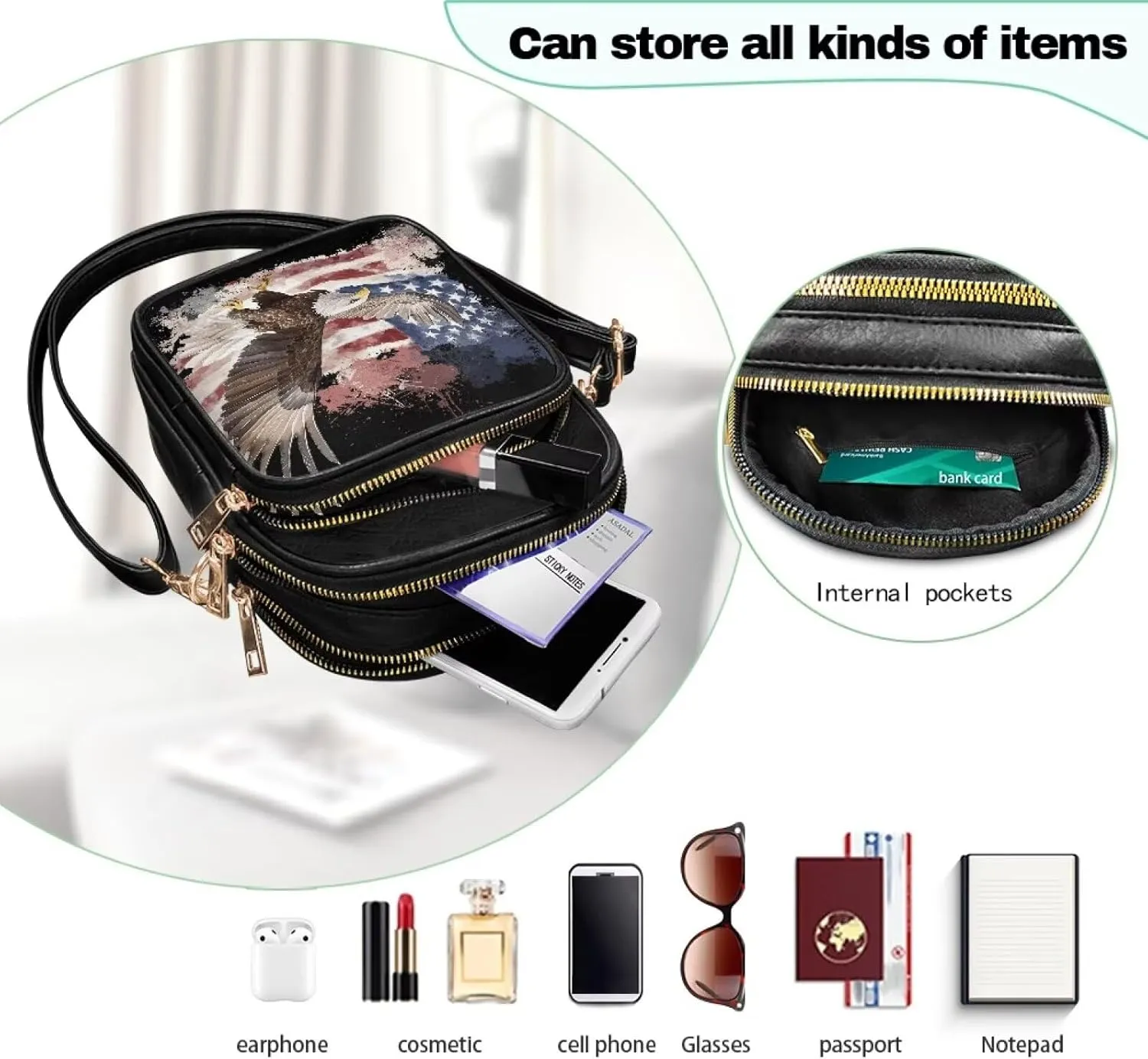 Multi Pocket PU Leather Crossbody Bag Shoulder Handbags Sling Bag Messenger Bags with Adjustable Strap