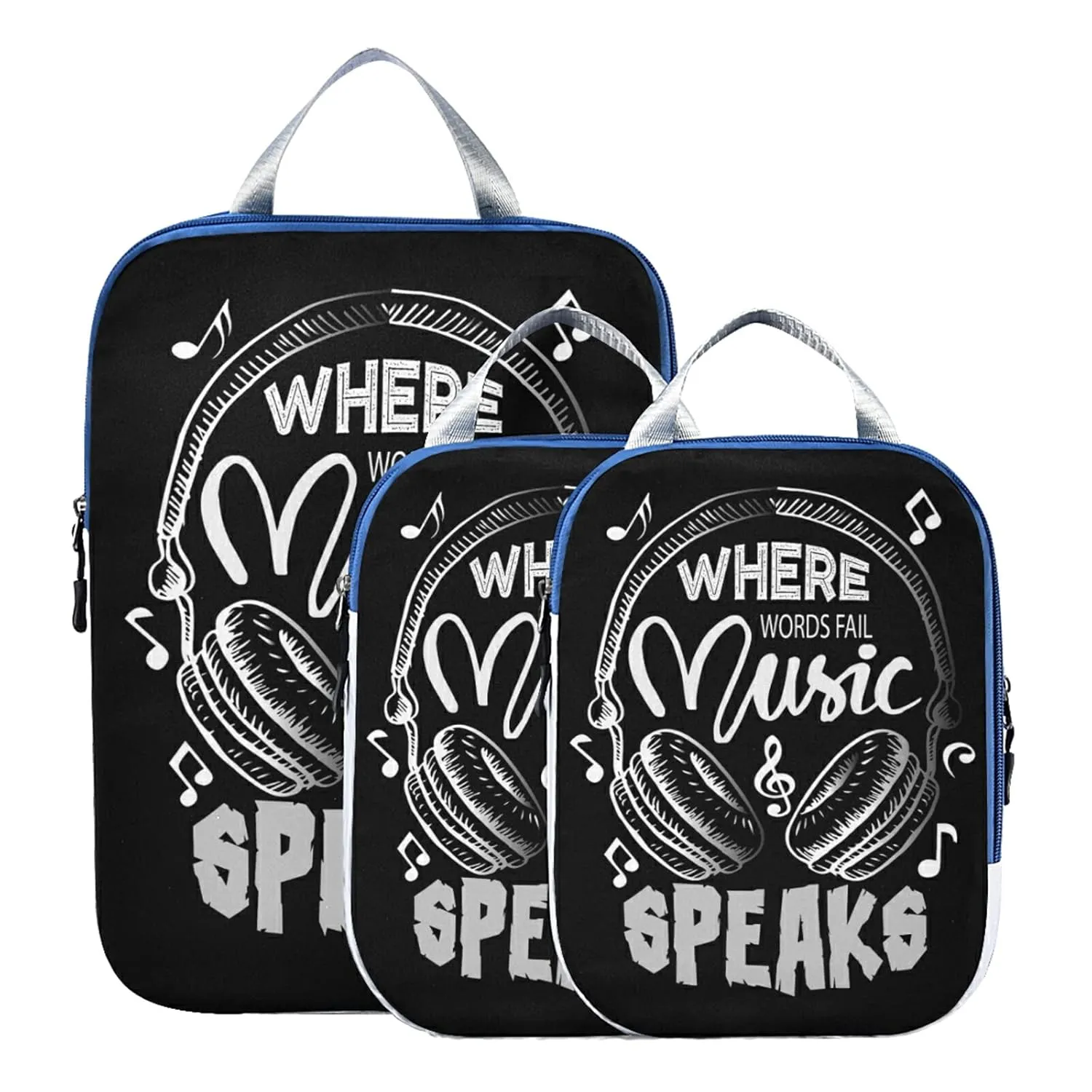 Music Notes Earphone with Where Words Fail, Music Speaks on Black 3 Piece set Cubes Expandable Adjustable Luggage Packing Bags, Ultralight Organizer Accessories Travel Suitcase Compressible Bags