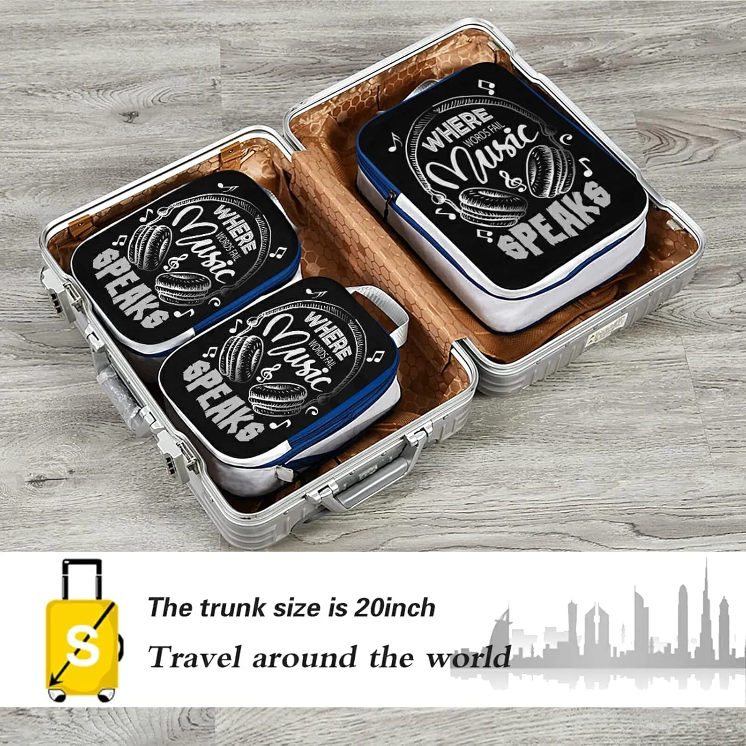 Music Notes Earphone with Where Words Fail, Music Speaks on Black 3 Piece set Cubes Expandable Adjustable Luggage Packing Bags, Ultralight Organizer Accessories Travel Suitcase Compressible Bags