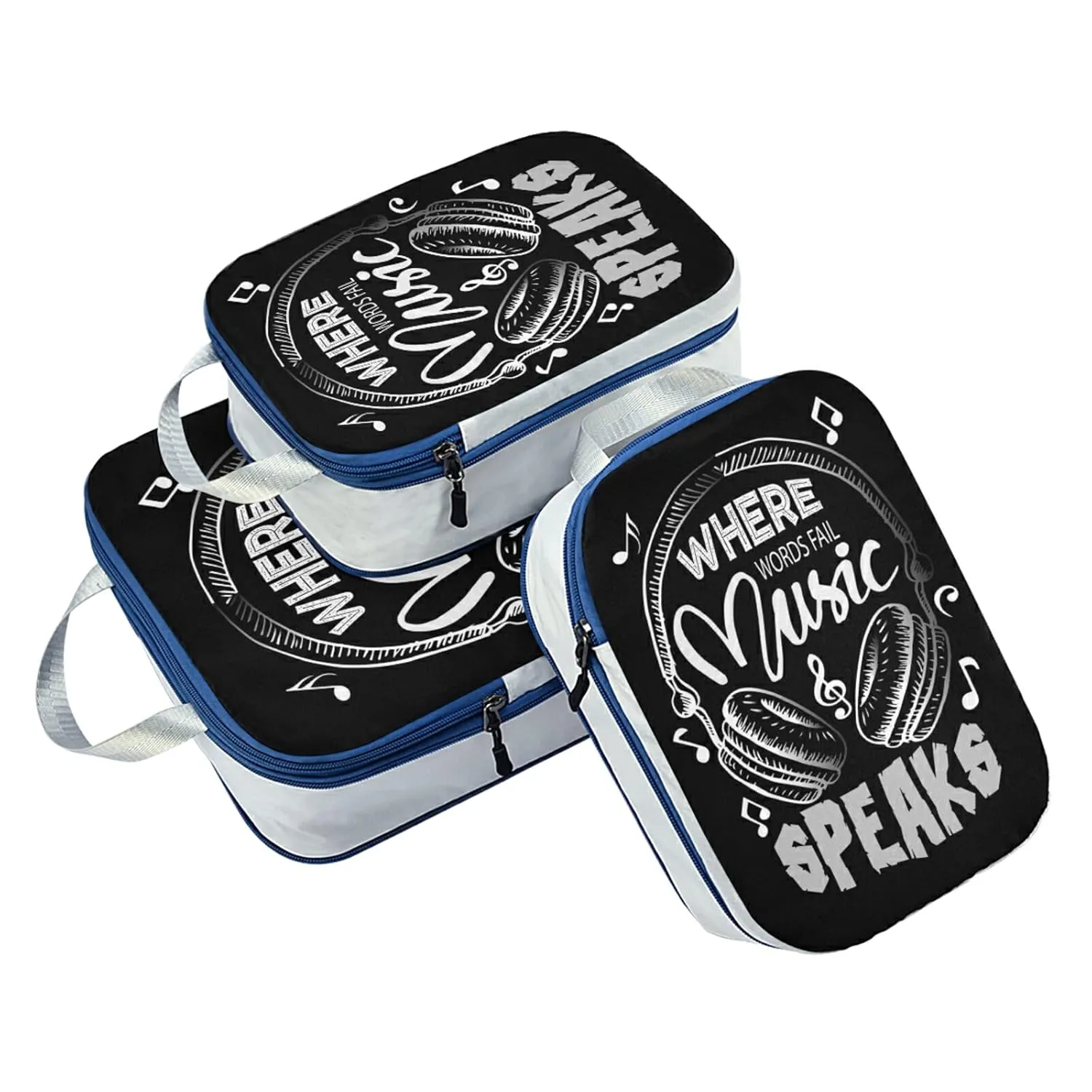 Music Notes Earphone with Where Words Fail, Music Speaks on Black 3 Piece set Cubes Expandable Adjustable Luggage Packing Bags, Ultralight Organizer Accessories Travel Suitcase Compressible Bags