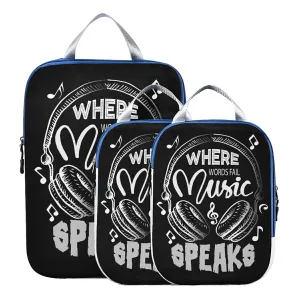 Music Notes Earphone with Where Words Fail, Music Speaks on Black 3 Piece set Cubes Expandable Adjustable Luggage Packing Bags, Ultralight Organizer Accessories Travel Suitcase Compressible Bags
