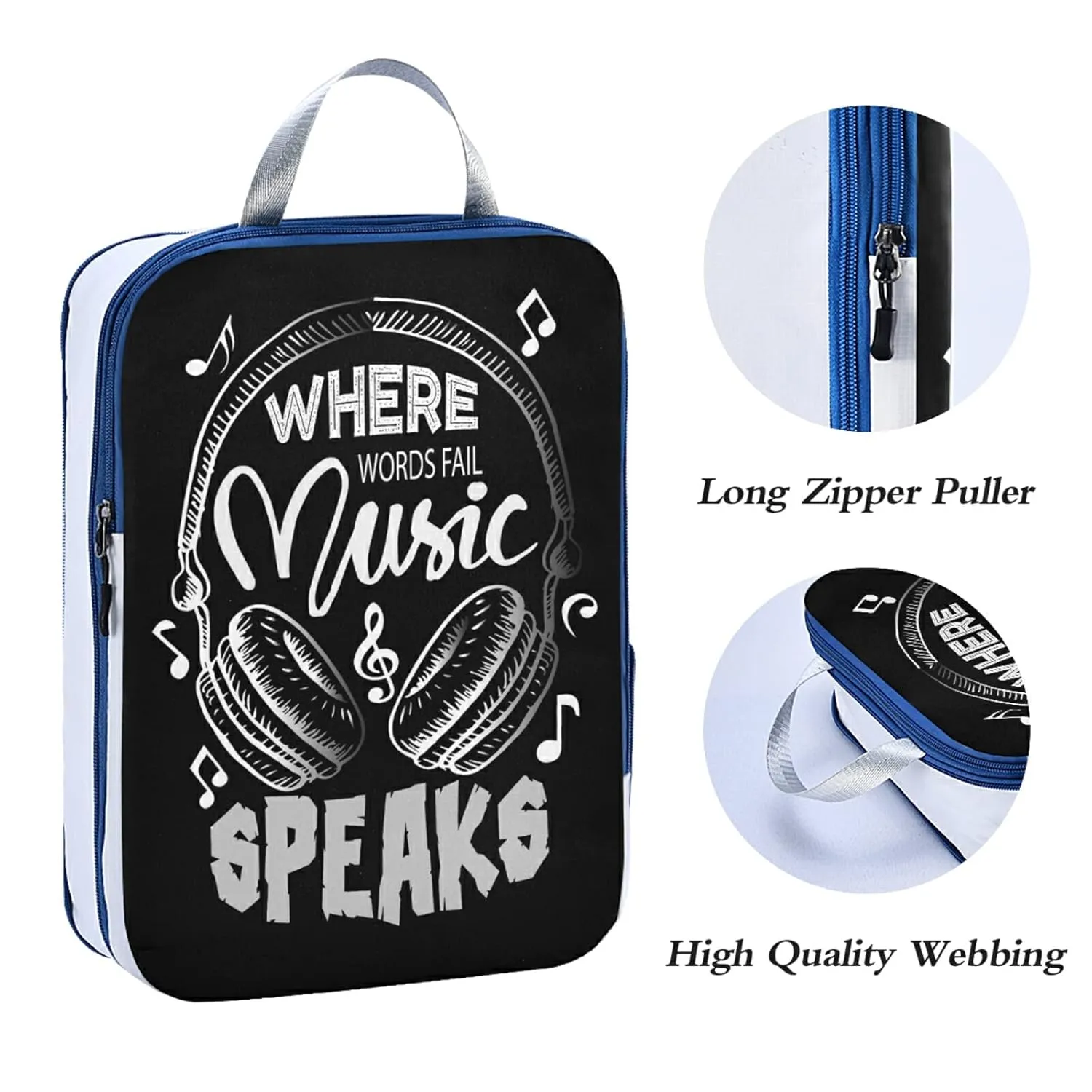 Music Notes Earphone with Where Words Fail, Music Speaks on Black 3 Piece set Cubes Expandable Adjustable Luggage Packing Bags, Ultralight Organizer Accessories Travel Suitcase Compressible Bags