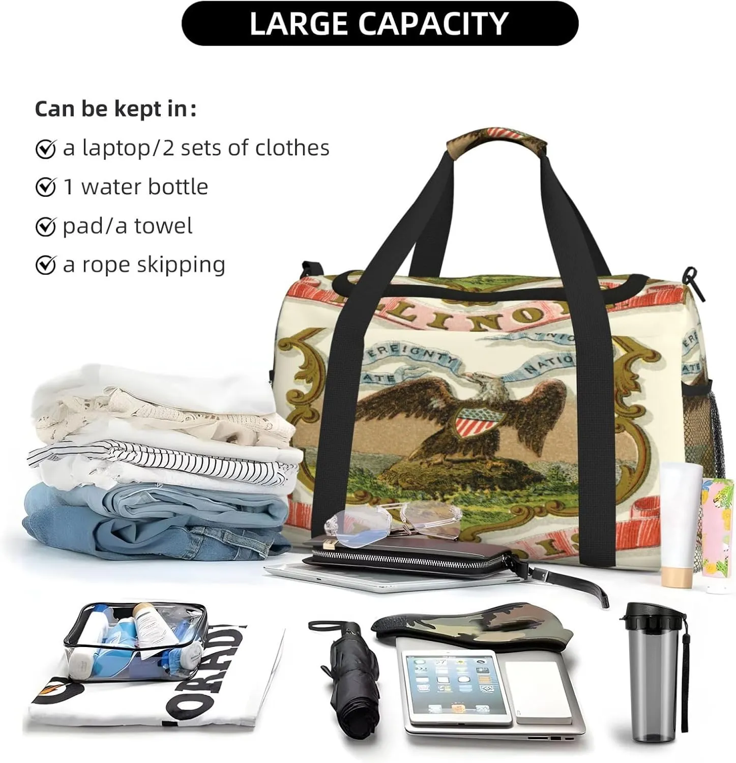 National Emblem Of Illinois Travel Duffel Bag Large Foldable Waterproof Overnight Bag For Beach Swim Bags Pool Sports Gym