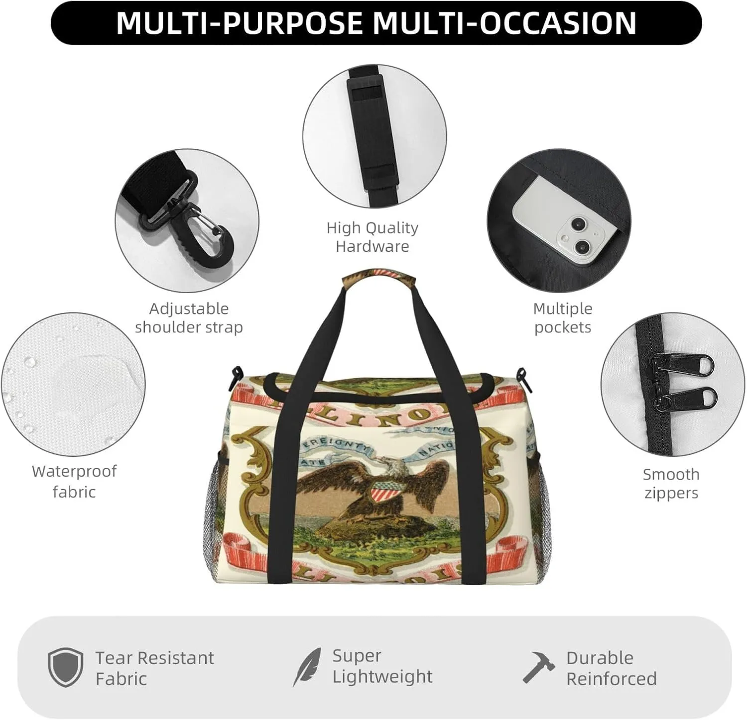 National Emblem Of Illinois Travel Duffel Bag Large Foldable Waterproof Overnight Bag For Beach Swim Bags Pool Sports Gym