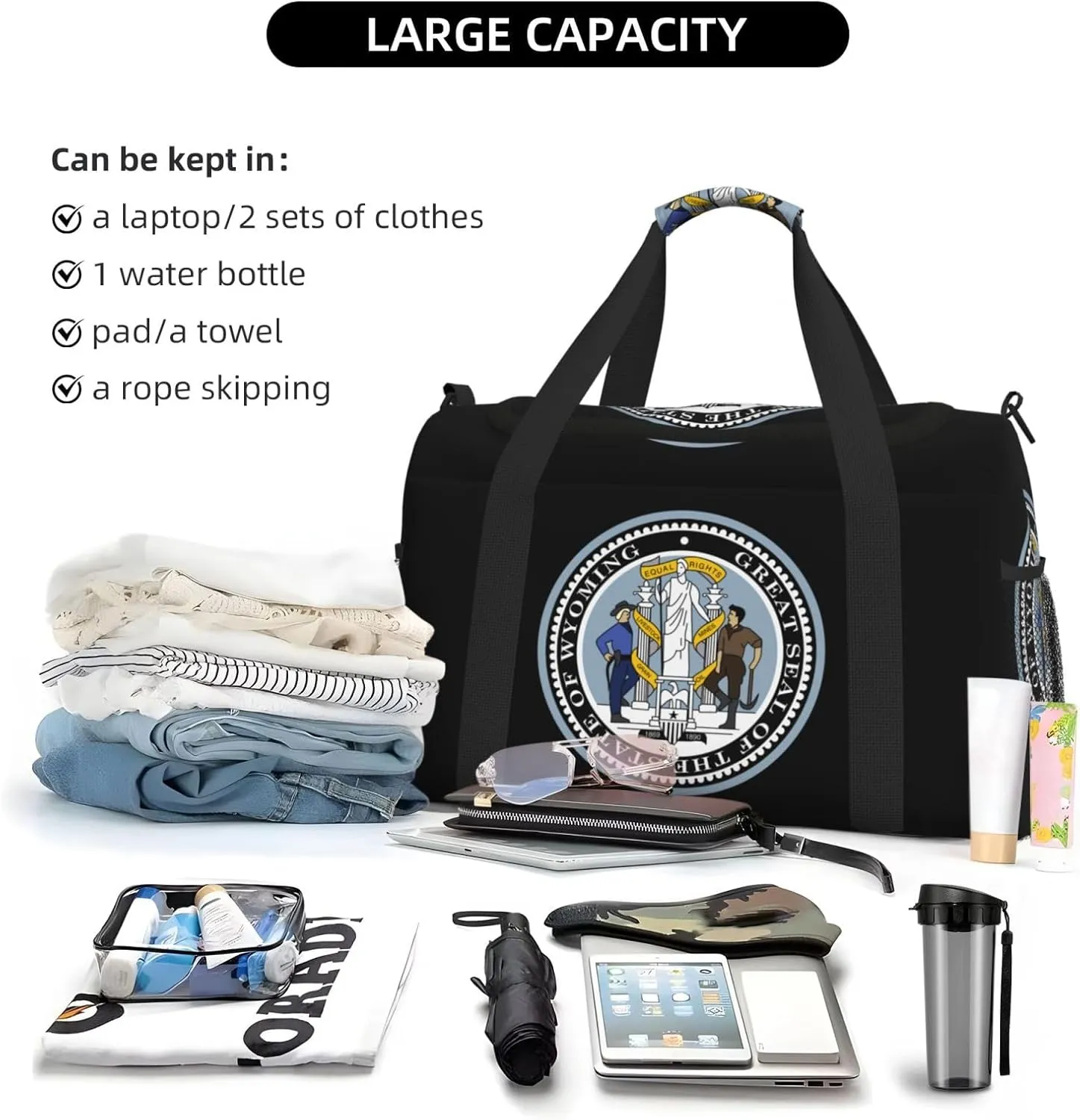 National Emblem Of Wyoming Travel Duffel Bag Large Foldable Waterproof Overnight Bag For Beach Swim Bags Pool Sports Gym