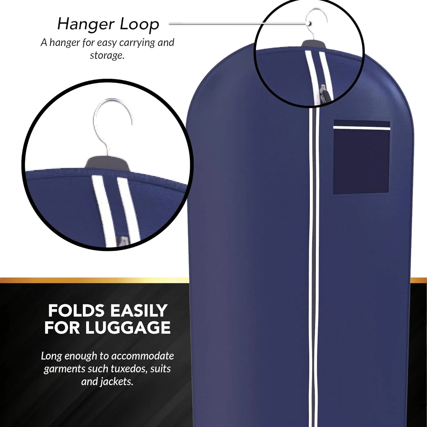Navy Suit Garment Travel Bags - ID Tag Window, Heavy Duty, Lightweight, 48"