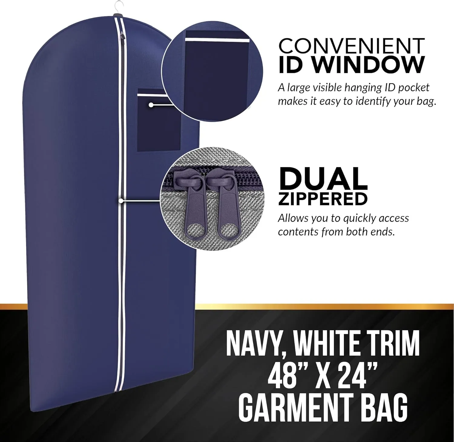 Navy Suit Garment Travel Bags - ID Tag Window, Heavy Duty, Lightweight, 48"