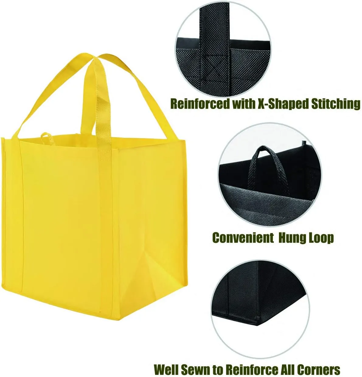 NERUB Set of 10 Reusable Grocery Bags Heavy Duty Shopping Bags Large Grocery Totes with Reinforced Bottom Super Sturdy Handles, Yellow
