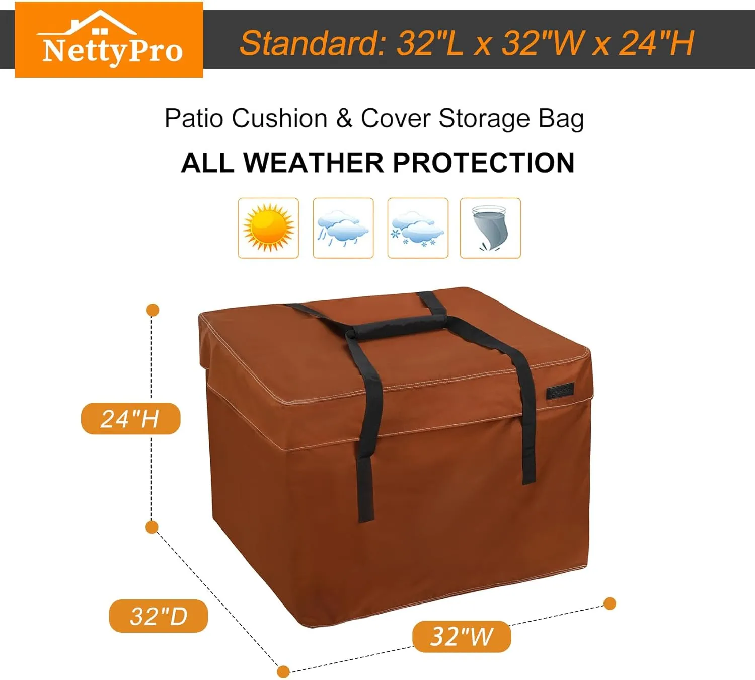 NettyPro Outdoor Patio Cushion Storage Bags 32 x 32 x 24 inch Water-Resistant Heavy Duty Small Storage Bag for Cushions, Brown