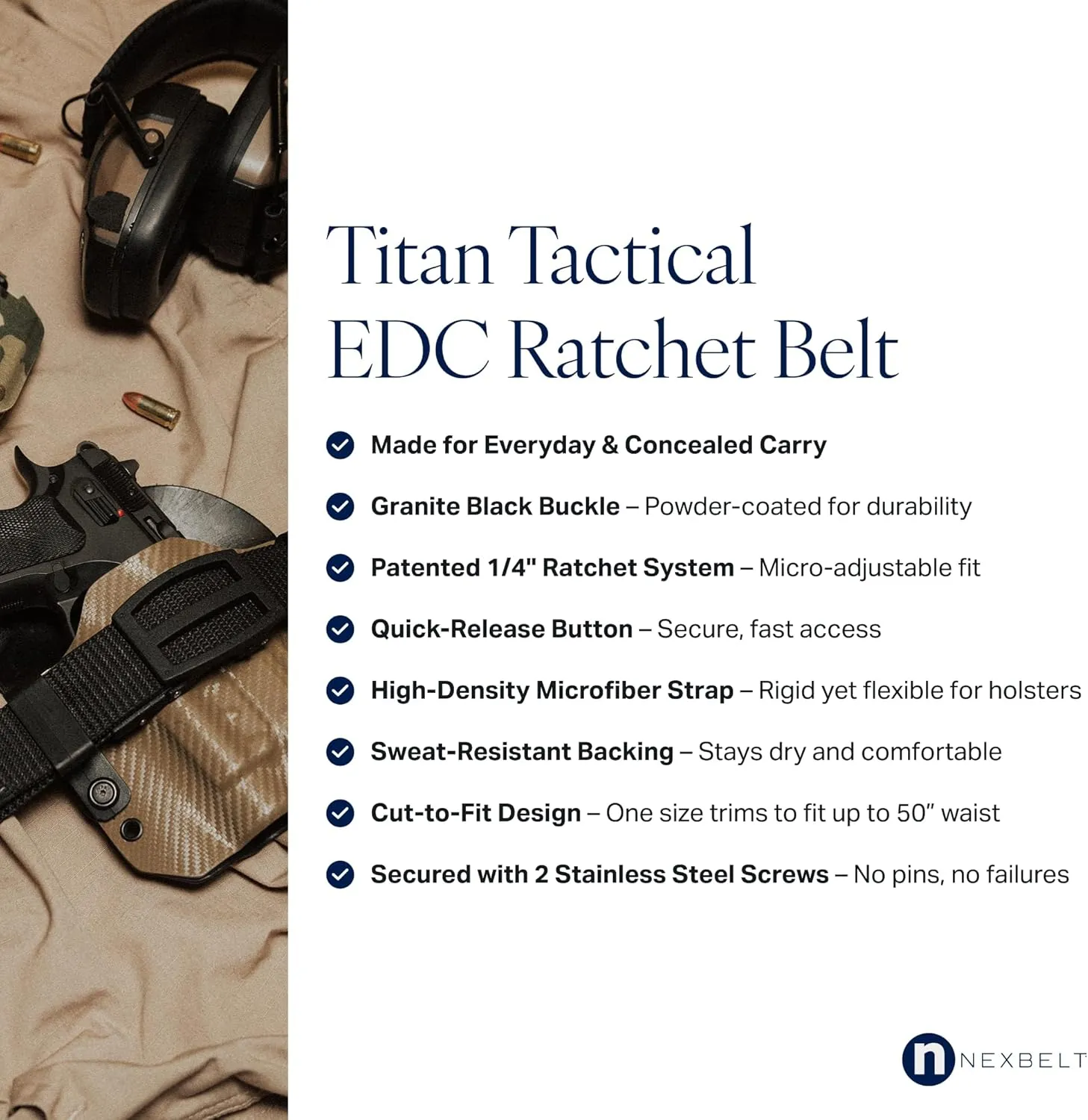 Nexbelt Titan Ratchet EDC Tactical Gun Belt – 1.5" Micro-Adjustable Strap, Quick-Release, Fits Up to 50" Waist, IWB/OWB