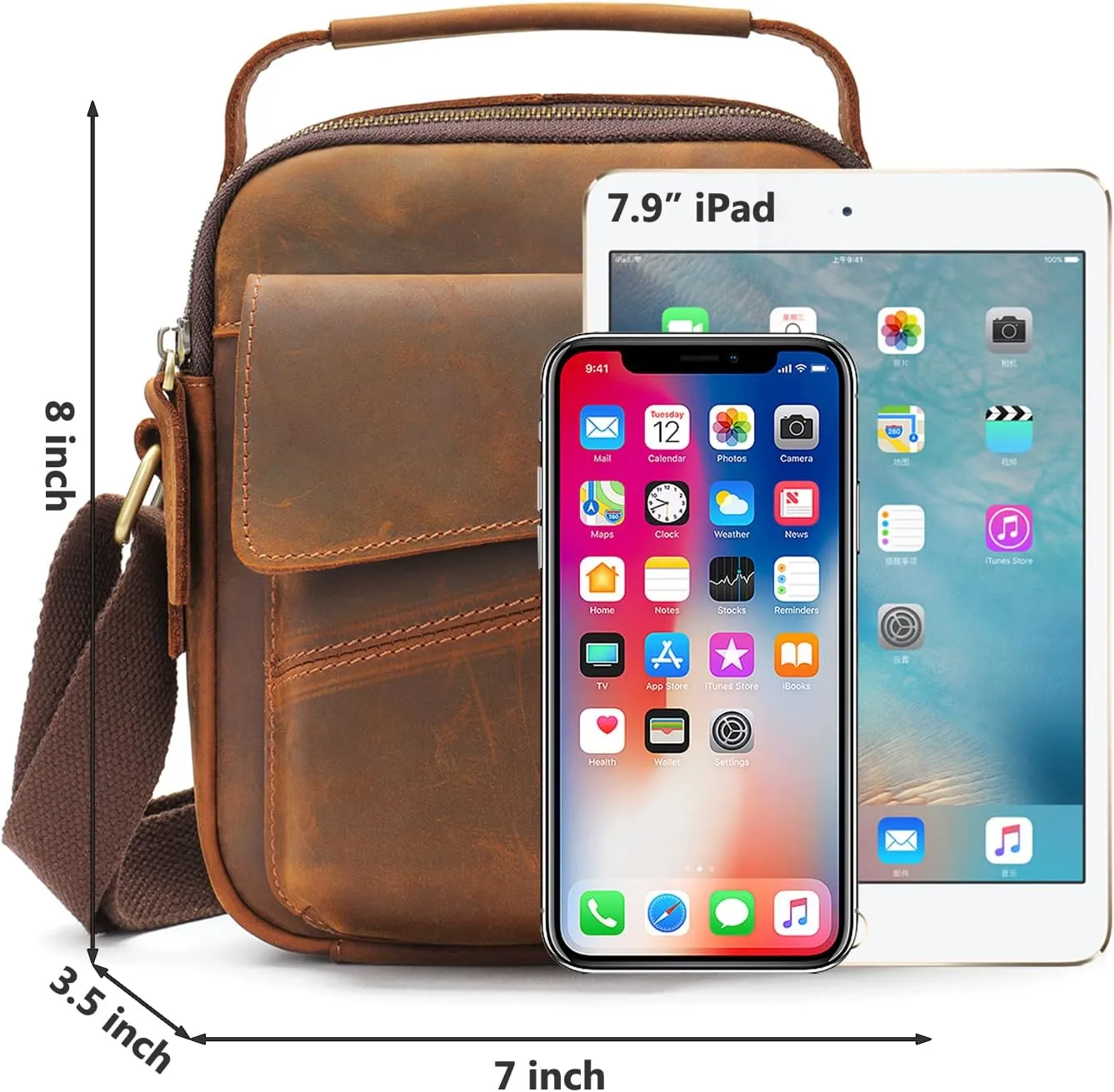 NIUCUNZH Man Purses and Bags Small, Mini Genuine Leather Messenger and Shoulder Bag for Men with lots of Zipper Pockets