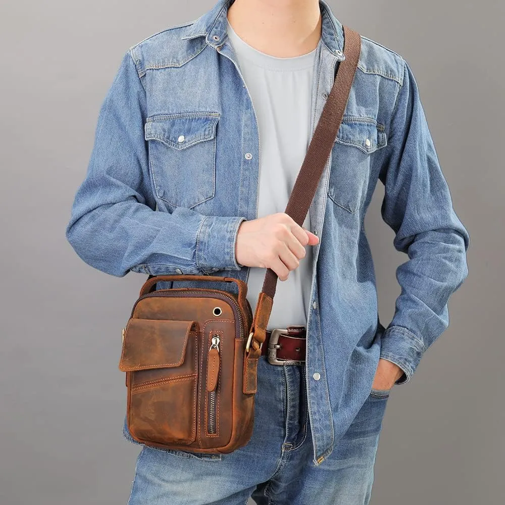NIUCUNZH Man Purses and Bags Small, Mini Genuine Leather Messenger and Shoulder Bag for Men with lots of Zipper Pockets