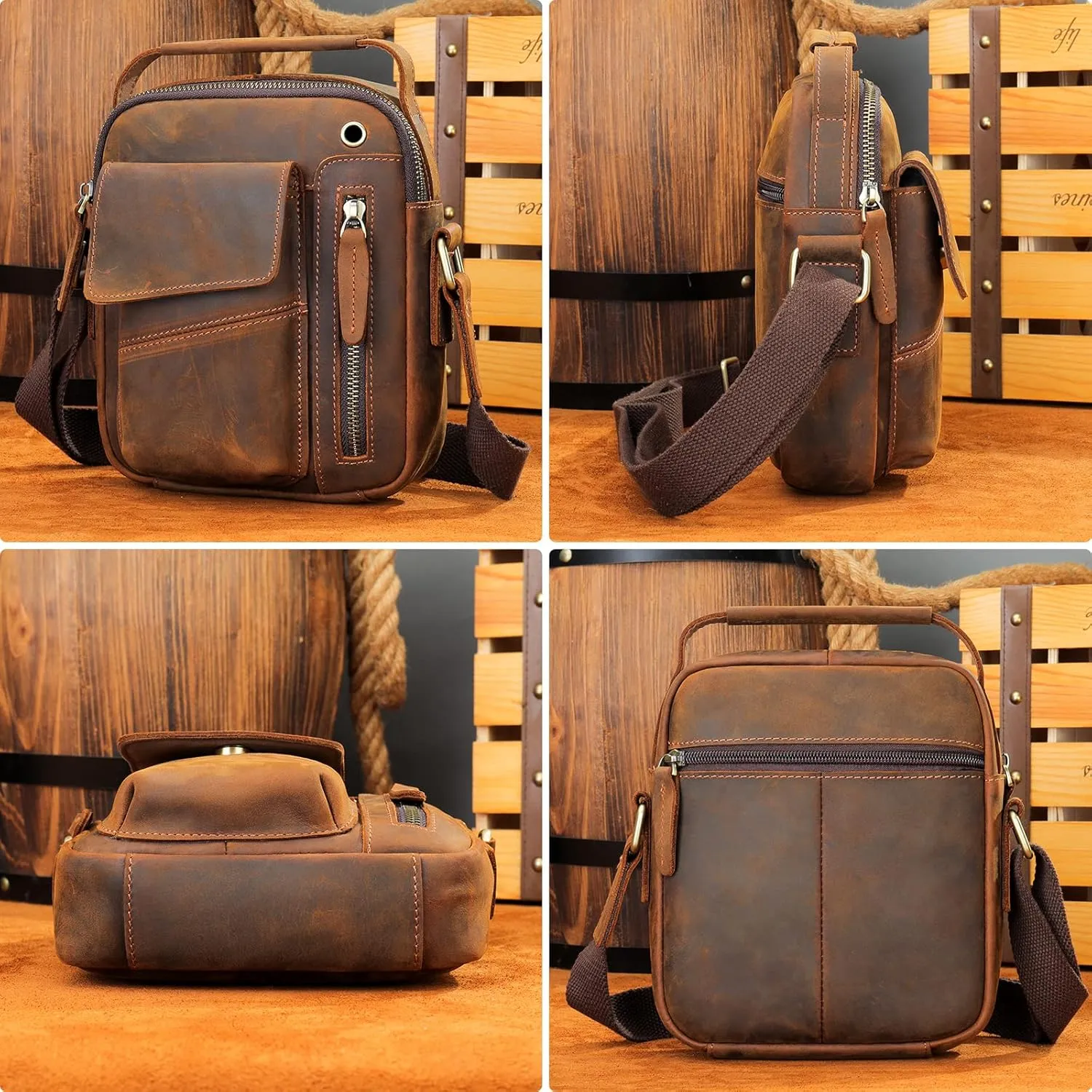 NIUCUNZH Man Purses and Bags Small, Mini Genuine Leather Messenger and Shoulder Bag for Men with lots of Zipper Pockets
