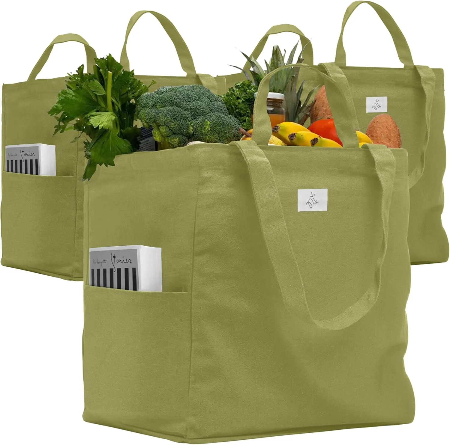 Nook Theory 3 Pcs Reusable Grocery Bags - Heavy Duty Canvas Bags, Large Reusable Shopping Bag, Picnic, 100% Cotton (Sage)