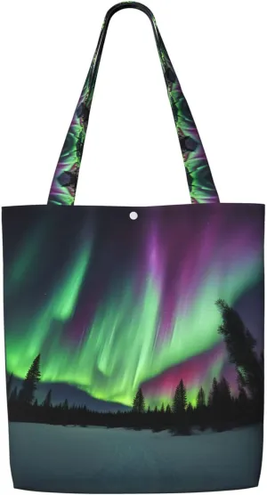 Northern Lights Painting Print Reusable Grocery Bags,Polyester Tote Bag,Casual Handbags,Practical Foldable Shopping Bag.