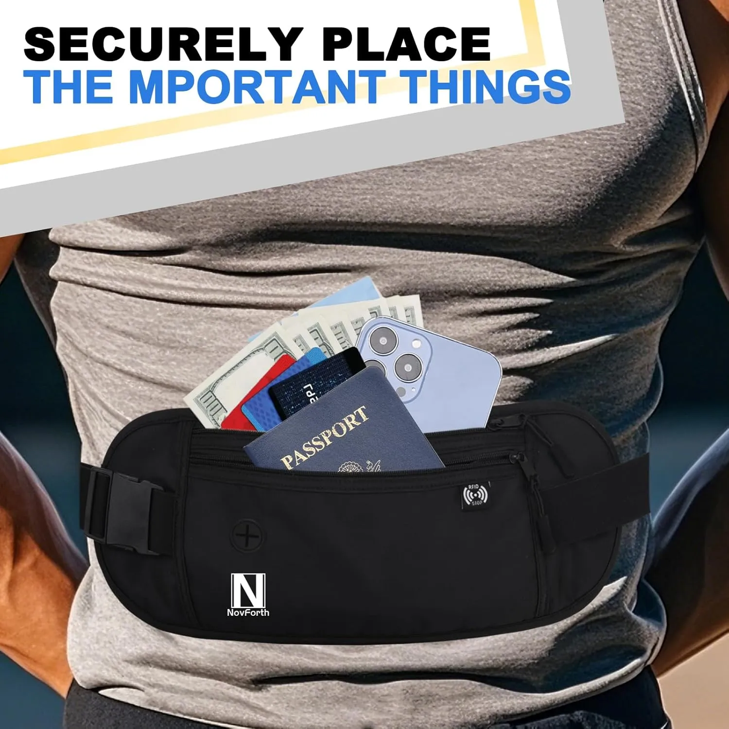 NovForth RFID Travel Money Belt - Anti-Theft Passport Holder Waist Pack with Large Capacity, Waterproof Fanny Pack for Men & Women, Adjustable Waist Wallet for Airport Security & Travel Accessories