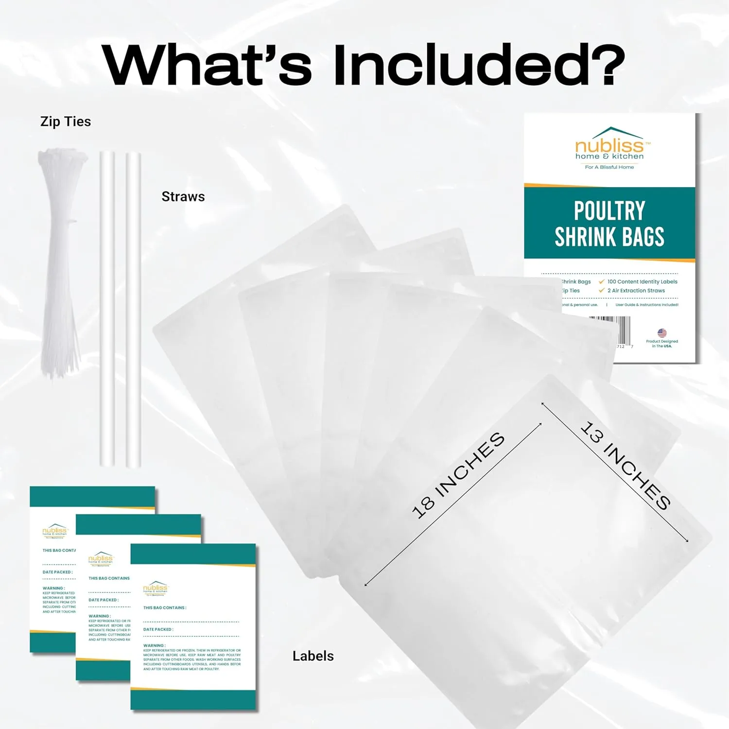 NuBliss Poultry Shrink Wrap Bags,13x18 Inches Poultry Heat Shrink Bags Freezer, Includes Zip Ties, Labels, and 2 Insert Straws, Thick Clear Shrink Wrap for Chicken, Meats, and Vegetables (100)