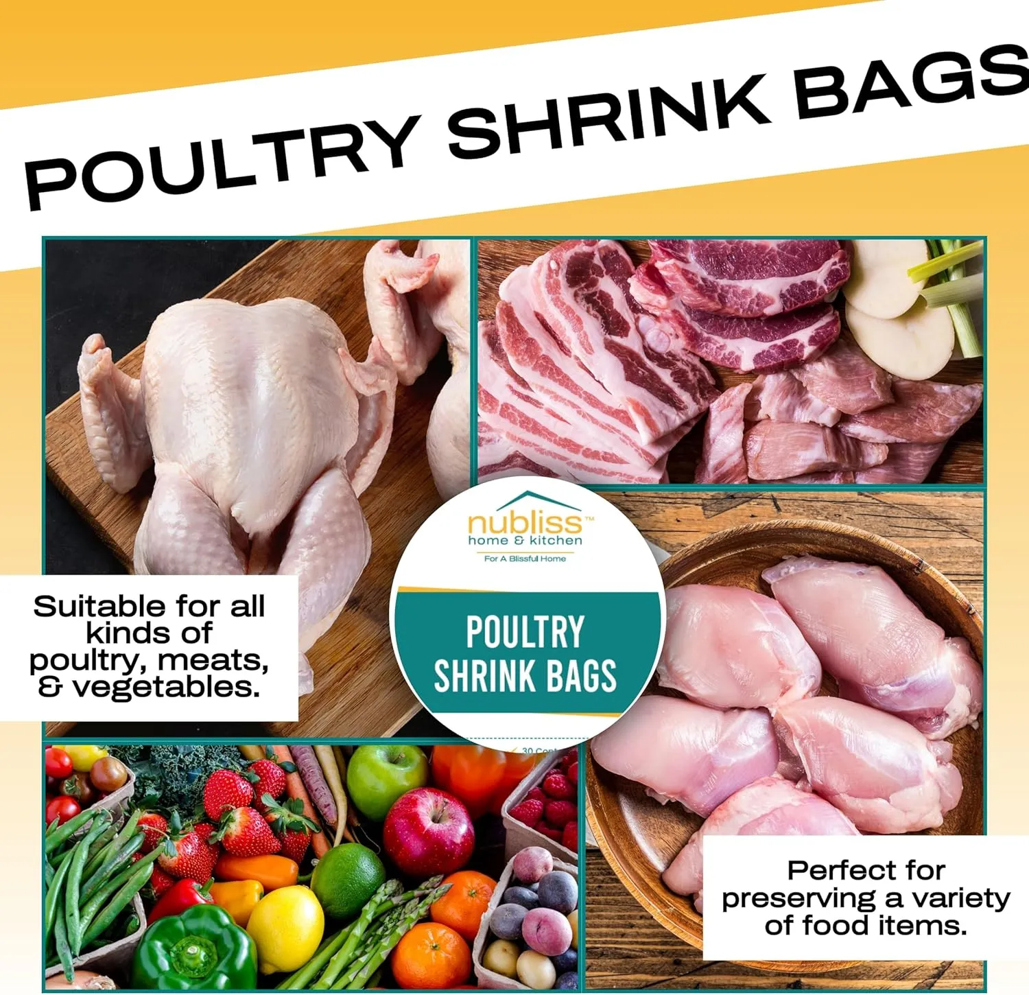 NuBliss Poultry Shrink Wrap Bags,13x18 Inches Poultry Heat Shrink Bags Freezer, Includes Zip Ties, Labels, and 2 Insert Straws, Thick Clear Shrink Wrap for Chicken, Meats, and Vegetables (100)