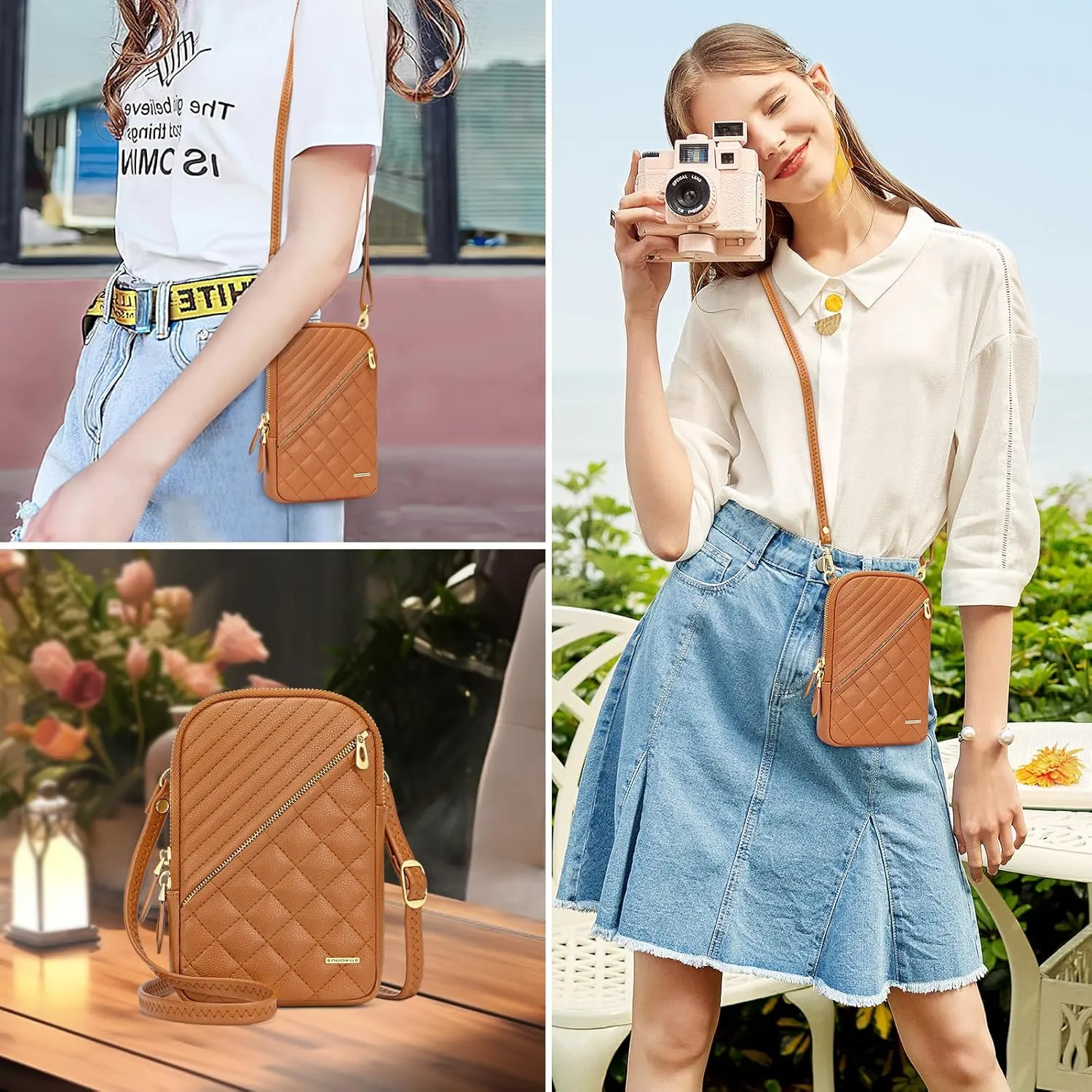 nuoku Small Crossbody Bags for Women Vegan Leather Cell Phone Wallet Purses for Women with Double Zipper,RFID Wallet