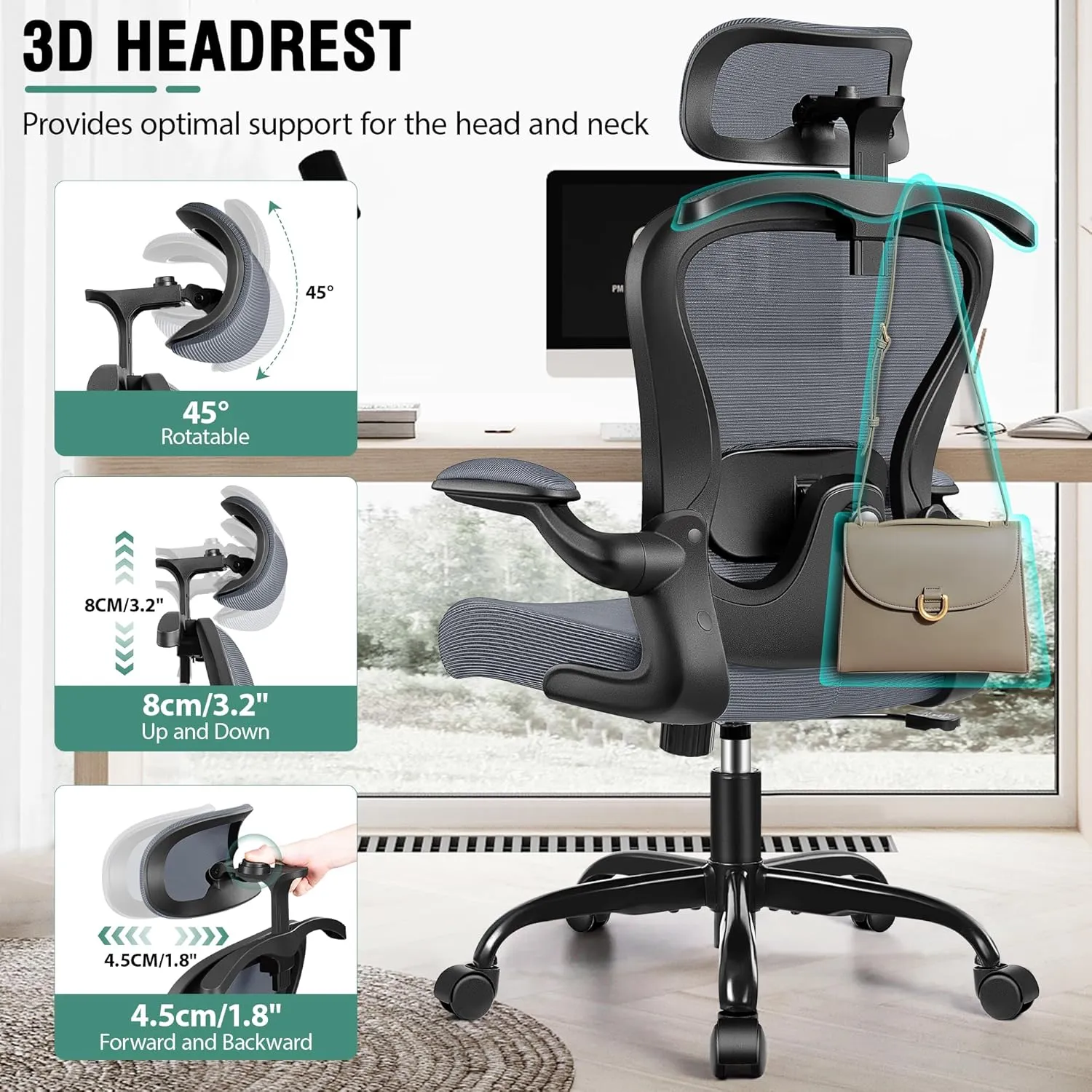Office Chair, Ergonomic Office Chair with 3D Lumbar Support 3D Headrest, Comfy High Back Home Desk Chairs, Breathable Mesh Computer Chairs with Flip-Up Armrests & Hanger,Dark Gray