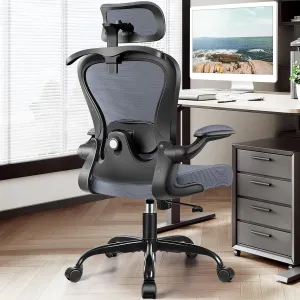 Office Chair, Ergonomic Office Chair with 3D Lumbar Support 3D Headrest, Comfy High Back Home Desk Chairs, Breathable Mesh Computer Chairs with Flip-Up Armrests & Hanger,Dark Gray