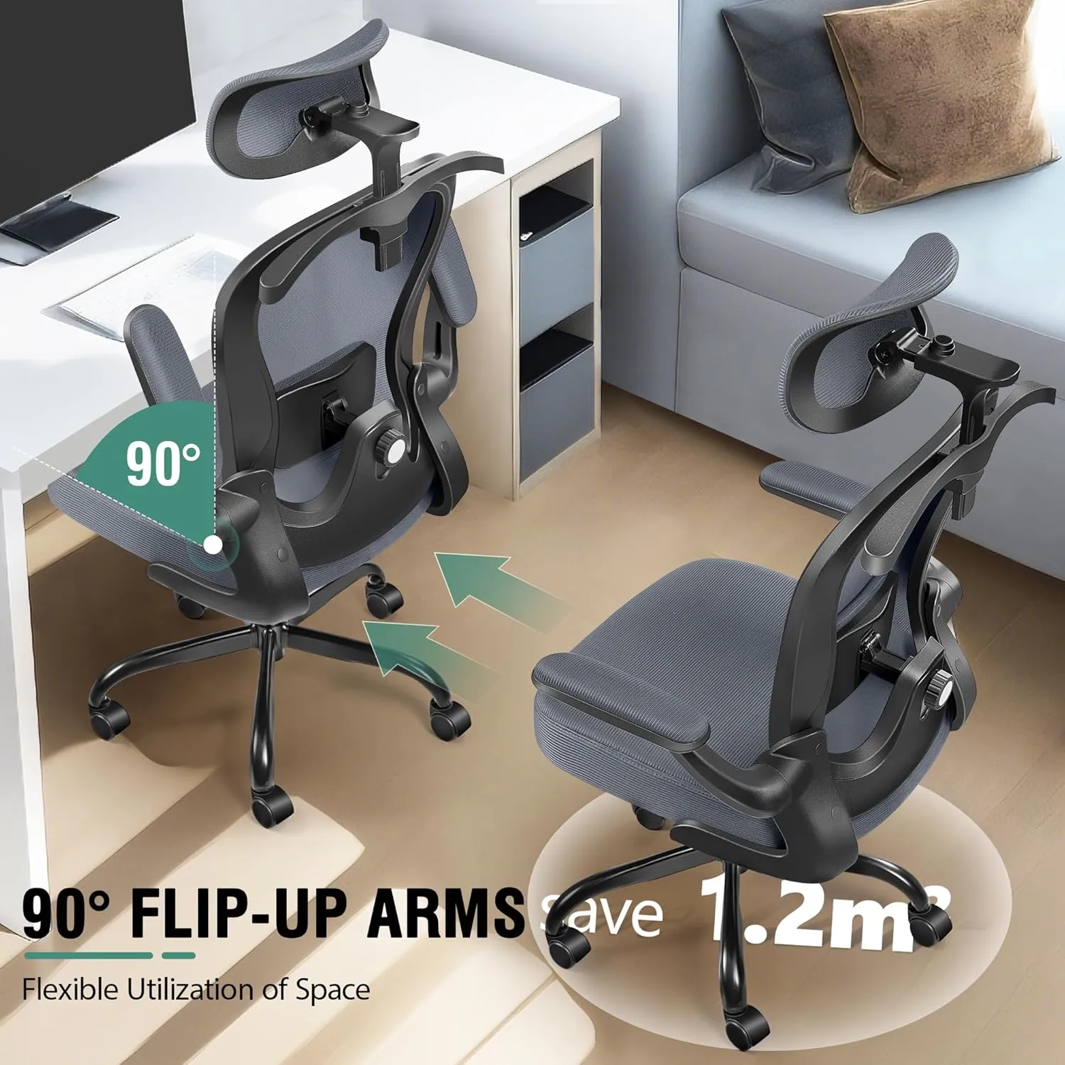 Office Chair, Ergonomic Office Chair with 3D Lumbar Support 3D Headrest, Comfy High Back Home Desk Chairs, Breathable Mesh Computer Chairs with Flip-Up Armrests & Hanger,Dark Gray