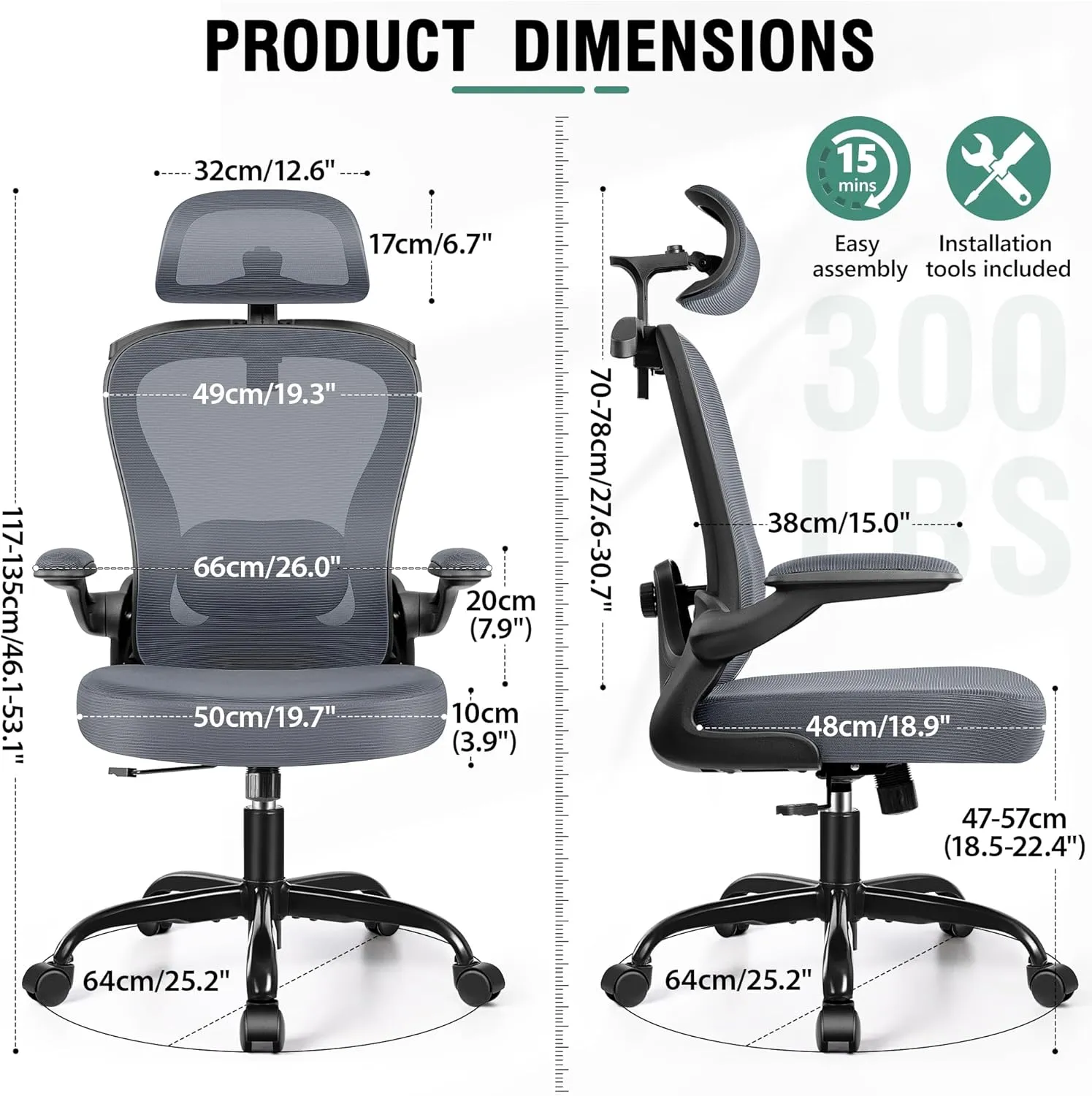 Office Chair, Ergonomic Office Chair with 3D Lumbar Support 3D Headrest, Comfy High Back Home Desk Chairs, Breathable Mesh Computer Chairs with Flip-Up Armrests & Hanger,Dark Gray