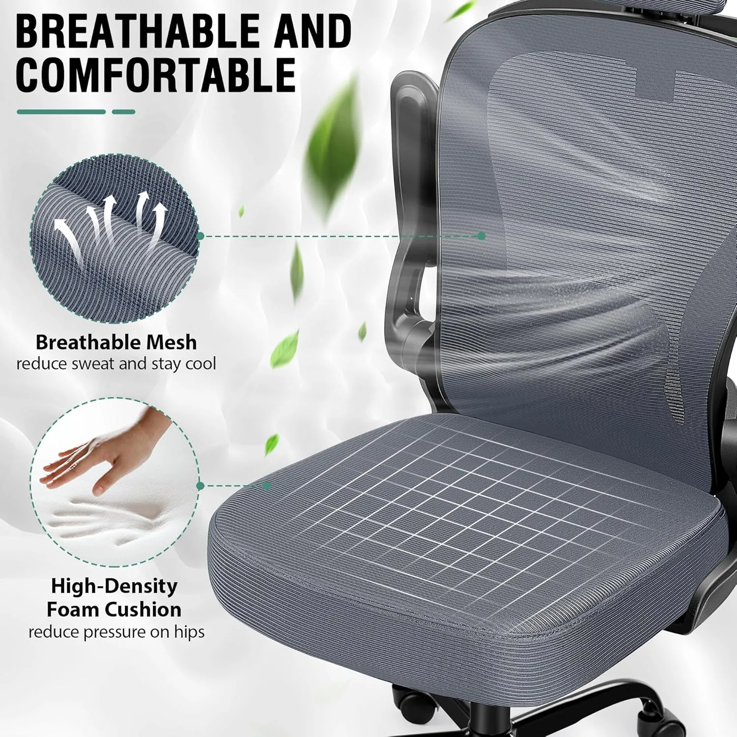 Office Chair, Ergonomic Office Chair with 3D Lumbar Support 3D Headrest, Comfy High Back Home Desk Chairs, Breathable Mesh Computer Chairs with Flip-Up Armrests & Hanger,Dark Gray