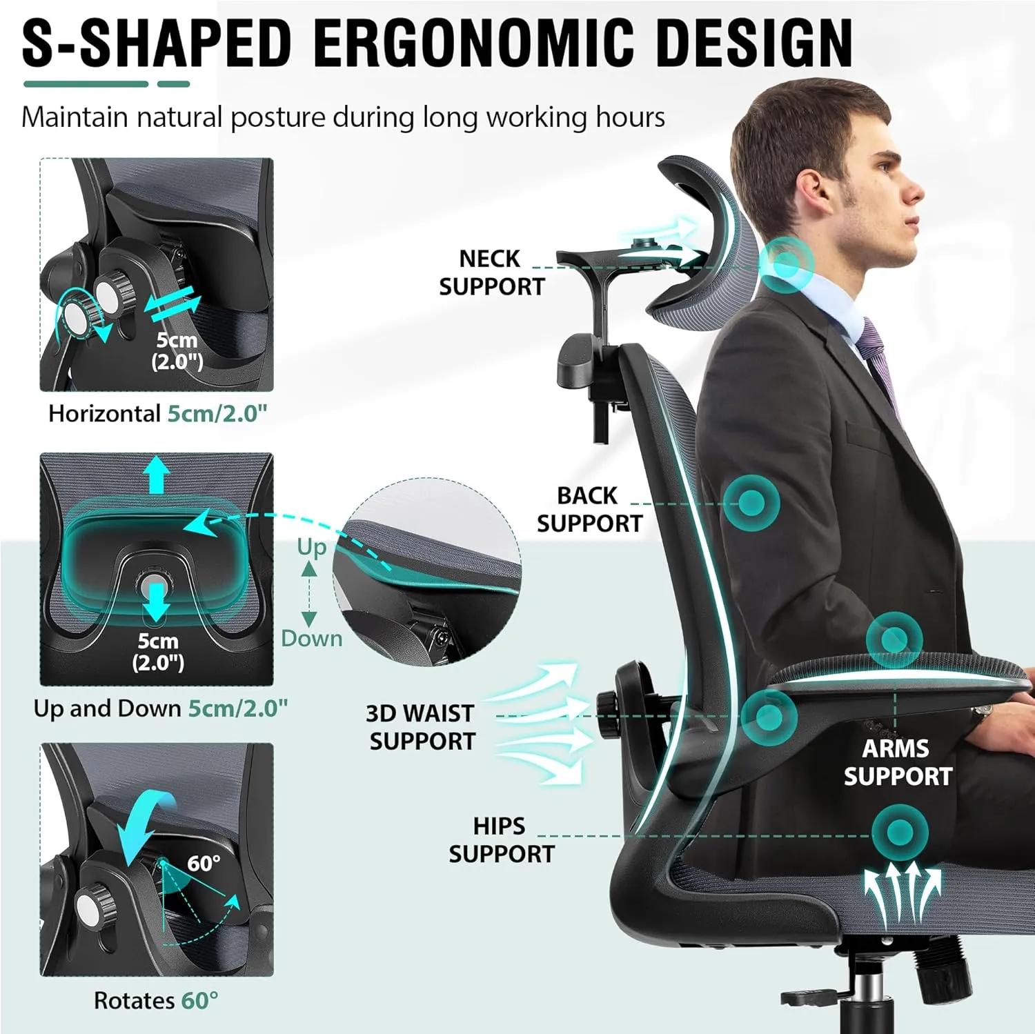 Office Chair, Ergonomic Office Chair with 3D Lumbar Support 3D Headrest, Comfy High Back Home Desk Chairs, Breathable Mesh Computer Chairs with Flip-Up Armrests & Hanger,Dark Gray