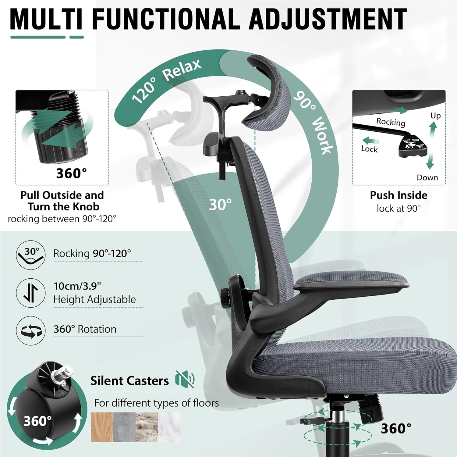 Office Chair, Ergonomic Office Chair with 3D Lumbar Support 3D Headrest, Comfy High Back Home Desk Chairs, Breathable Mesh Computer Chairs with Flip-Up Armrests & Hanger,Dark Gray