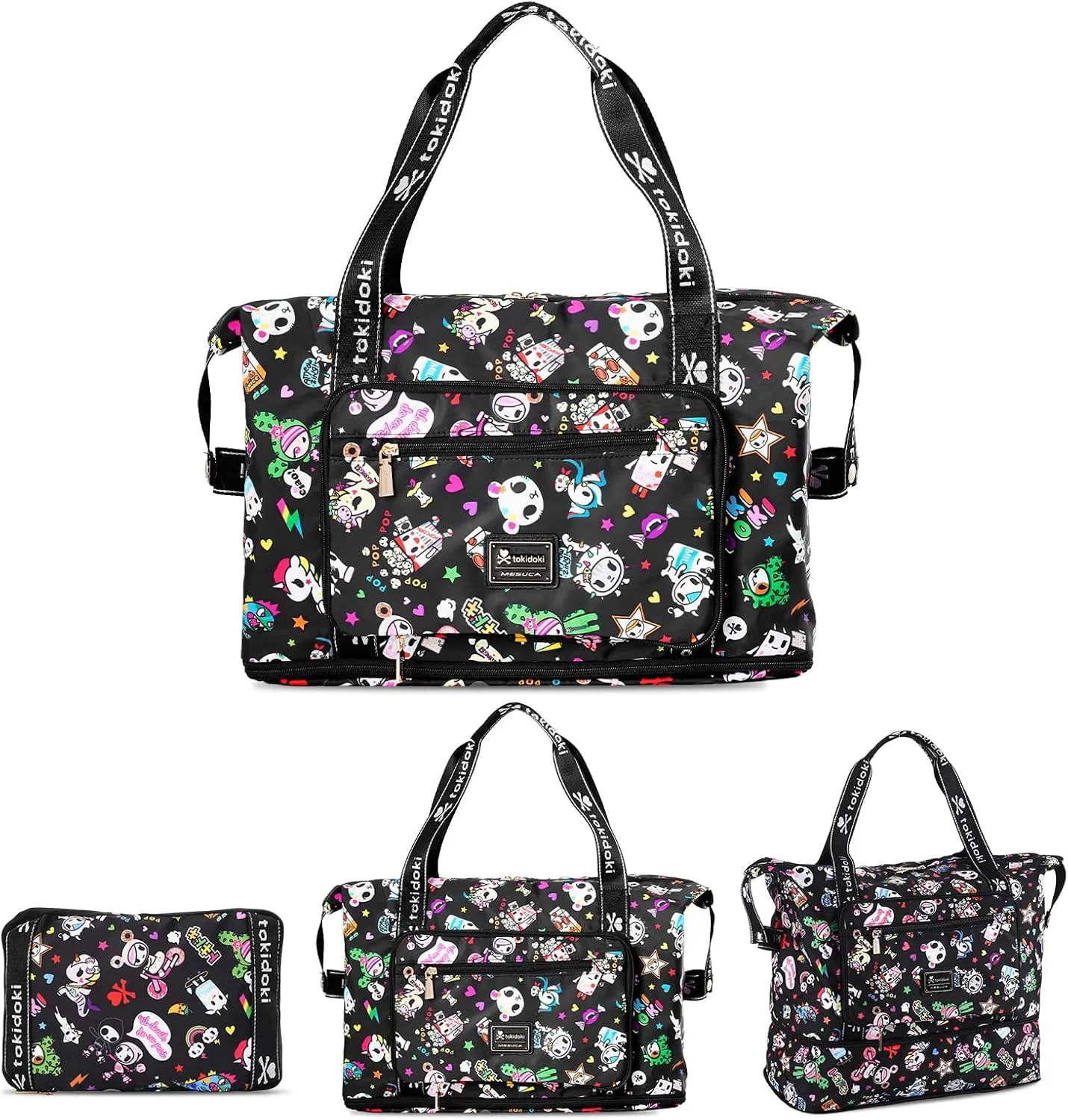 Official Licensed Tokidoki Duffle Bag Expandable Tokidoki Travel Duffel Bags for Women Large Capacity Travel Bags Unicorno Luggage Bag for Sports Gym Vacation (black)