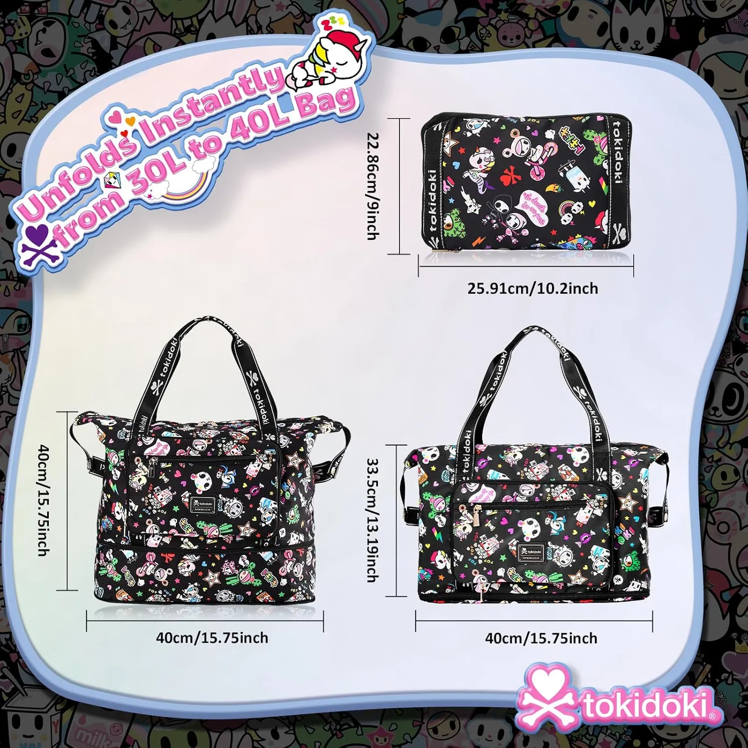 Official Licensed Tokidoki Duffle Bag Expandable Tokidoki Travel Duffel Bags for Women Large Capacity Travel Bags Unicorno Luggage Bag for Sports Gym Vacation (black)