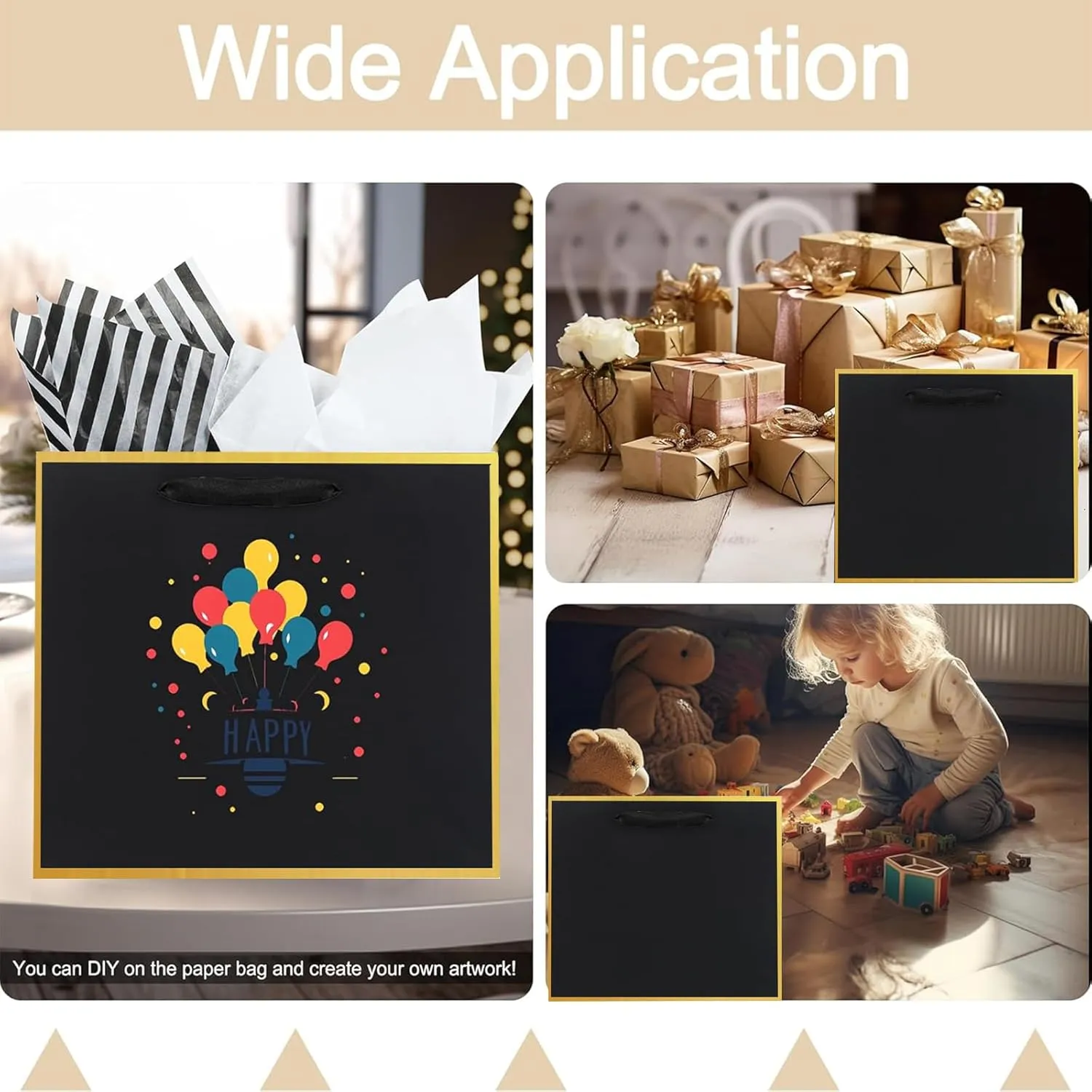 Offizon 12 Pcs Black&Gold Gift Bags, Paper Bags with Tissue Paper (4 Small 6", 4 Medium 8.7", 4 Large 12.6"), Party Favor Bags with Handles for Birthdays and Holidays
