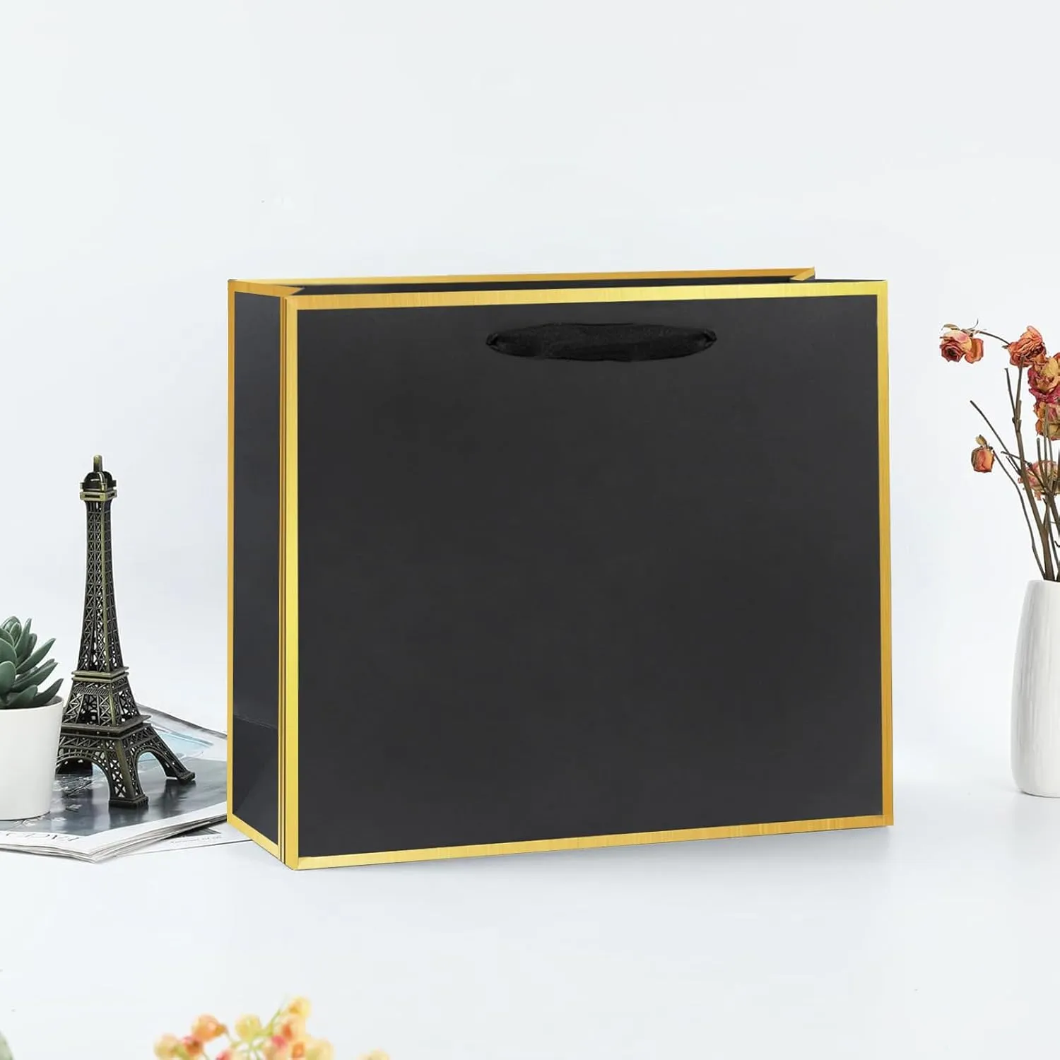 Offizon 12 Pcs Black&Gold Gift Bags, Paper Bags with Tissue Paper (4 Small 6", 4 Medium 8.7", 4 Large 12.6"), Party Favor Bags with Handles for Birthdays and Holidays