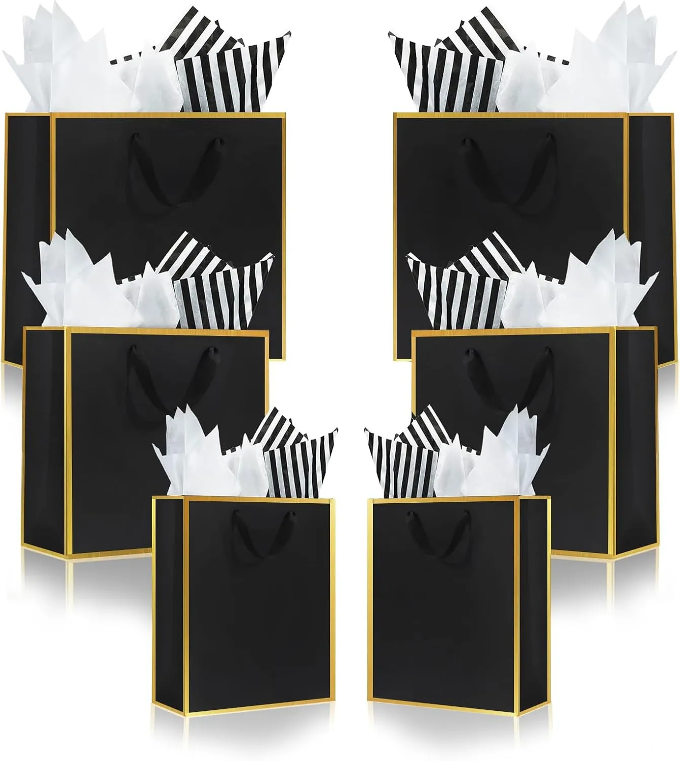 Offizon 12 Pcs Black&Gold Gift Bags, Paper Bags with Tissue Paper (4 Small 6", 4 Medium 8.7", 4 Large 12.6"), Party Favor Bags with Handles for Birthdays and Holidays