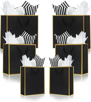 Offizon 12 Pcs Black&Gold Gift Bags, Paper Bags with Tissue Paper (4 Small 6", 4 Medium 8.7", 4 Large 12.6"), Party Favor Bags with Handles for Birthdays and Holidays
