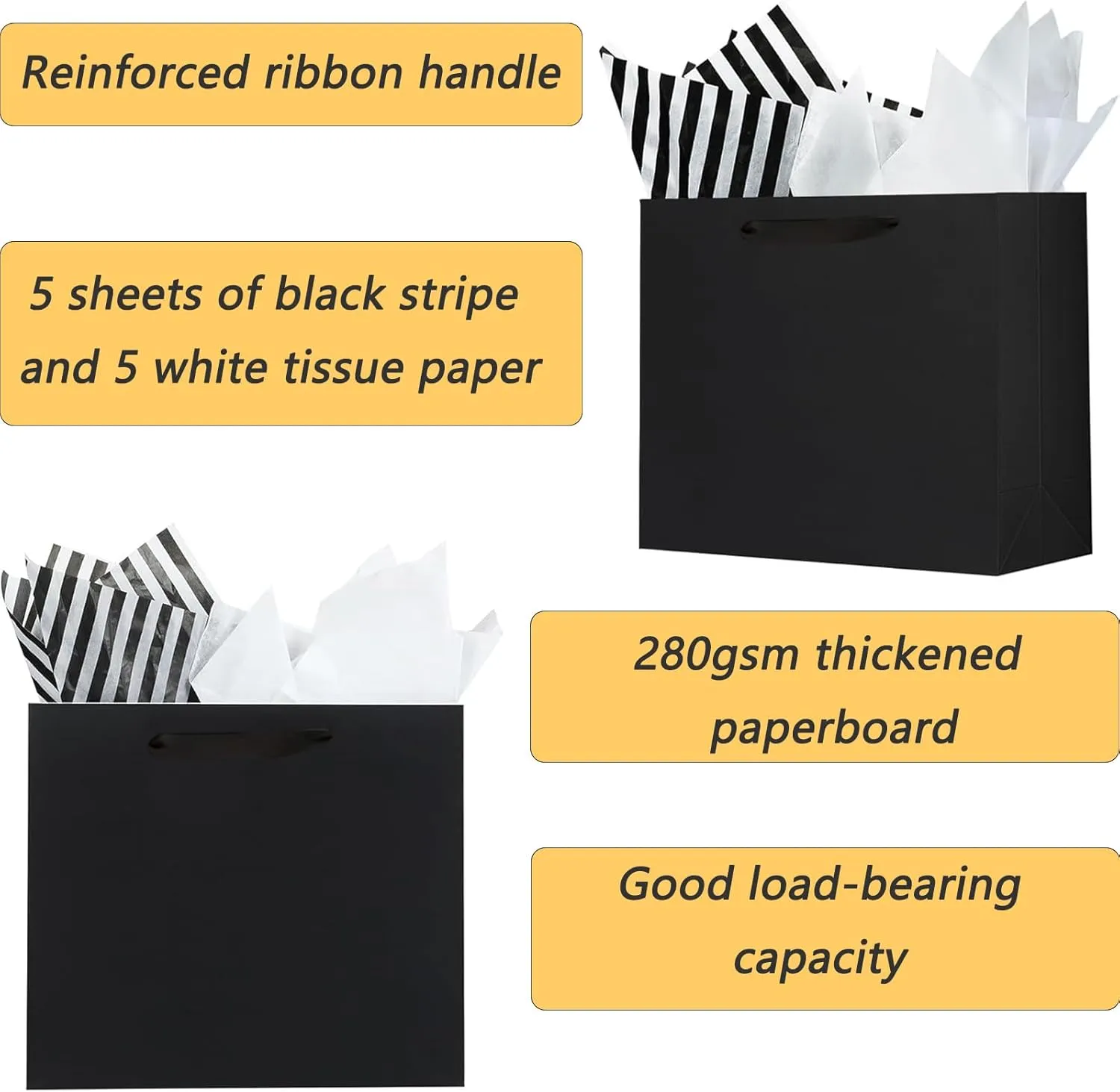 Offizon 12 Pcs Black&Gold Gift Bags, Paper Bags with Tissue Paper (4 Small 6", 4 Medium 8.7", 4 Large 12.6"), Party Favor Bags with Handles for Birthdays and Holidays