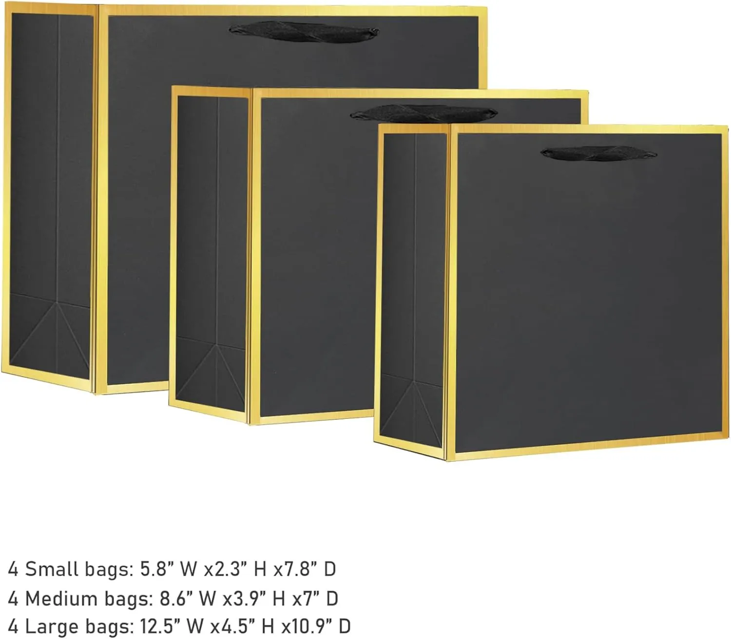 Offizon 12 Pcs Black&Gold Gift Bags, Paper Bags with Tissue Paper (4 Small 6", 4 Medium 8.7", 4 Large 12.6"), Party Favor Bags with Handles for Birthdays and Holidays