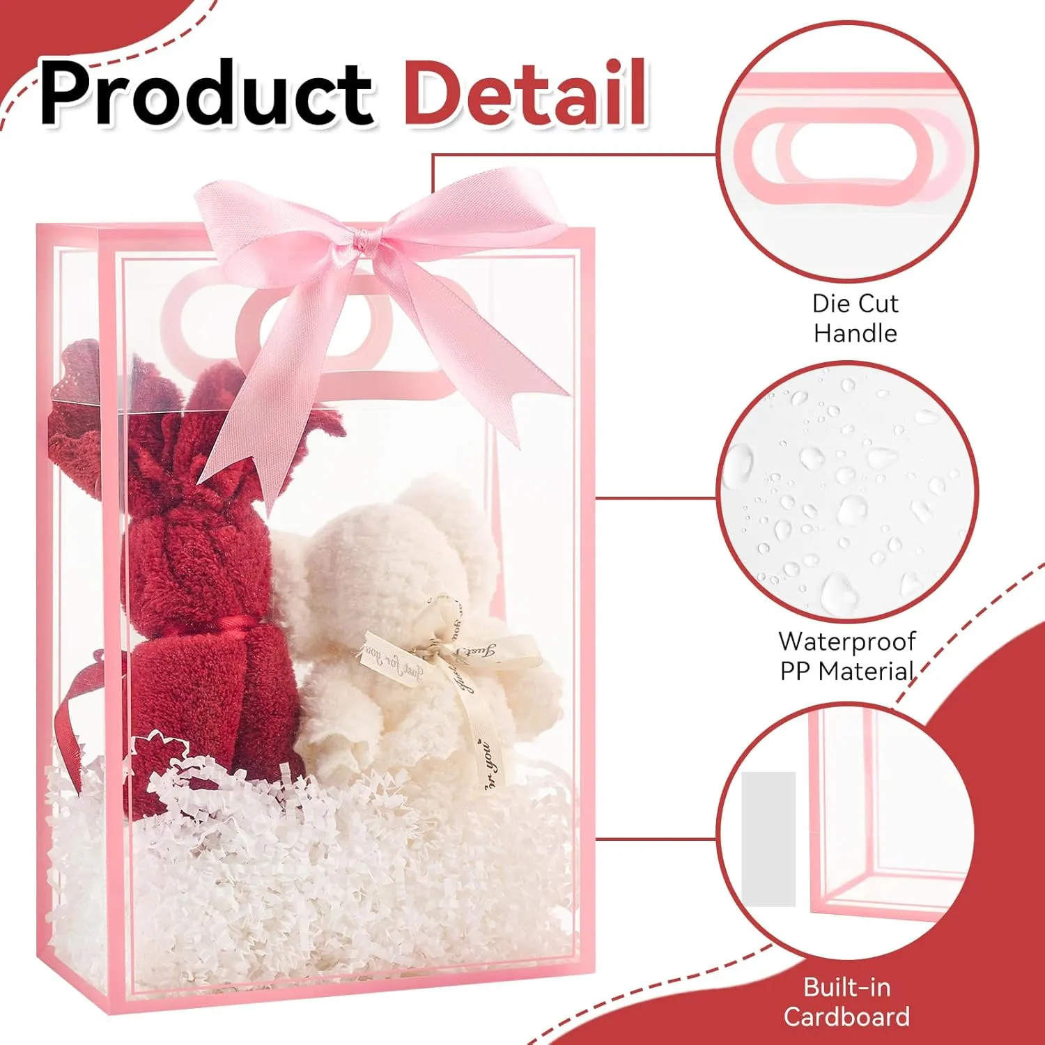 Ohuimrt 12 Pack Clear Plastic Gift Bags with Handles, Reusable Party Favor Bags with Ribbon for Mother's Day, Birthday, Wedding, Bachelorette Party, 10.2 x 7.1 x 3.1 Inch (Pink)
